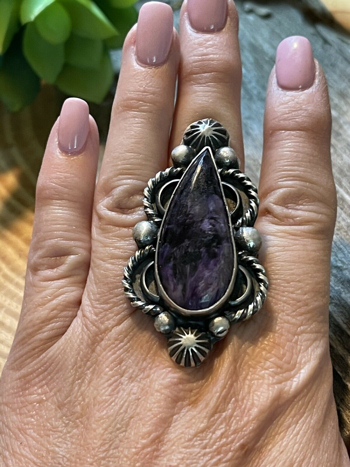 Navajo Purple Charoite & Sterling Silver Statement Ring Size 8 Signed