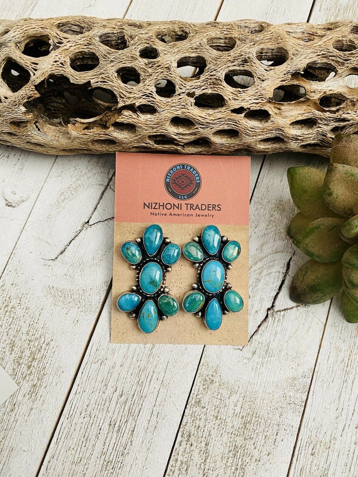 Navajo Sterling Silver & Royston Turquoise Cluster Post Earrings Signed