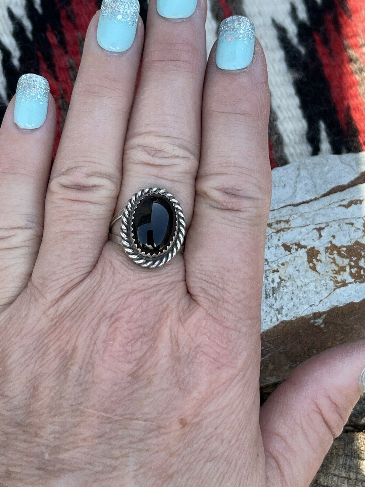 Navajo Sterling Silver Black Onyx Rope Style Ring