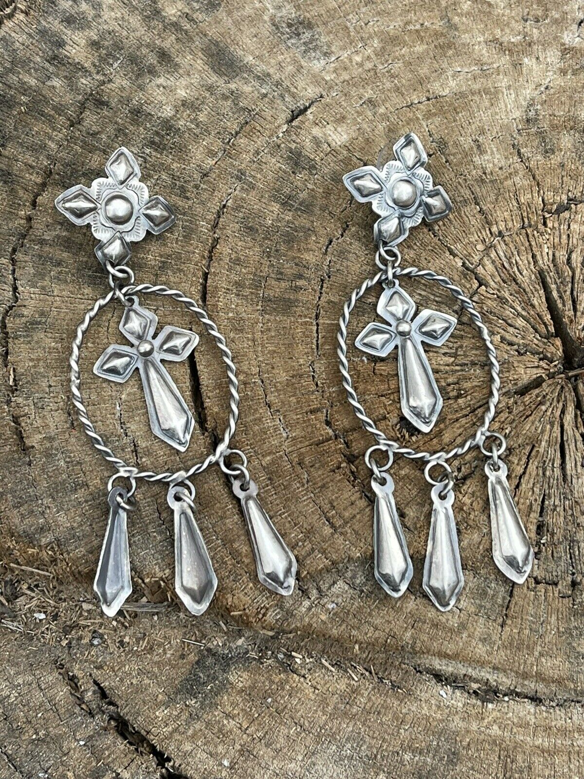 Navajo Sterling Silver Hand Stamped Cross Dangle Post Earrings Stamped Sterling