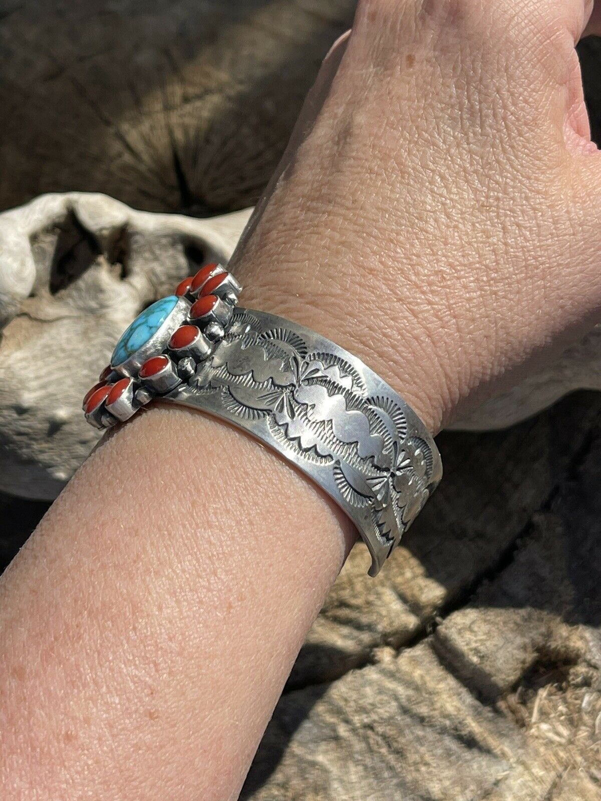 Navajo Sterling Kingman Web Turquoise & Red Coral Taos Bracelet Cuff