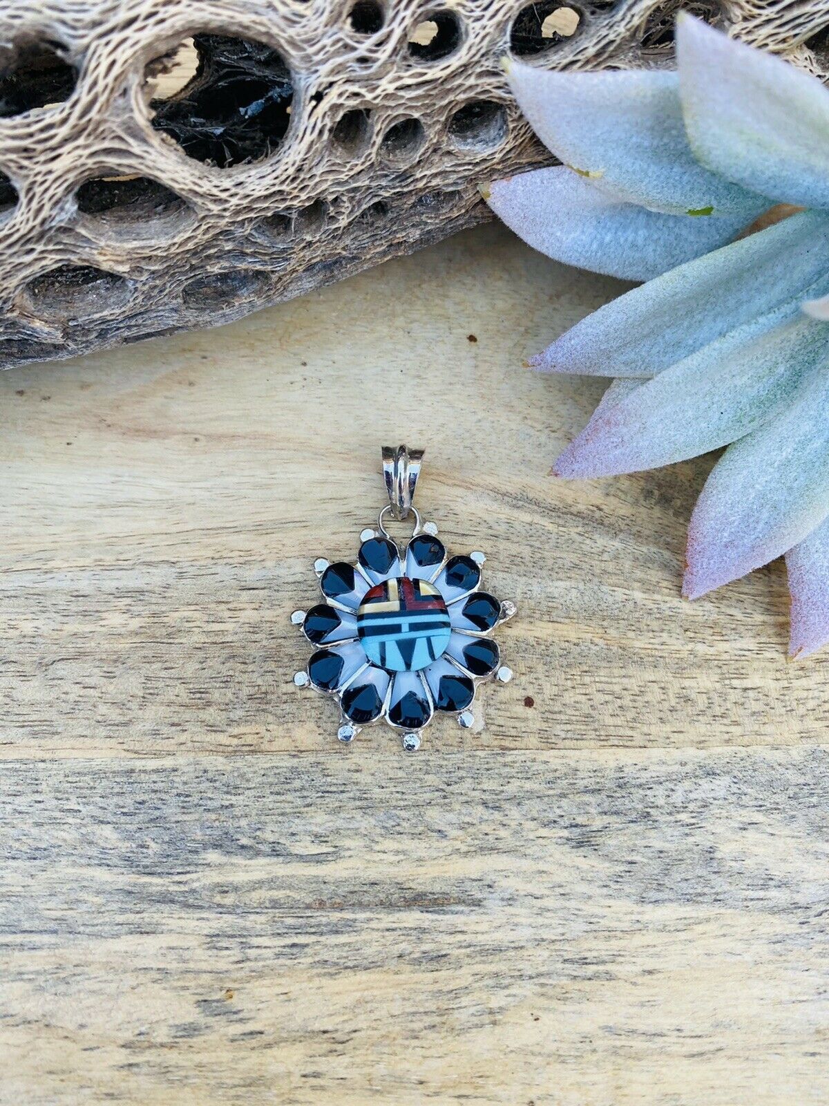 Vintage Zuni Multi Stone & Sterling Silver Inlay Sun Face Pendant