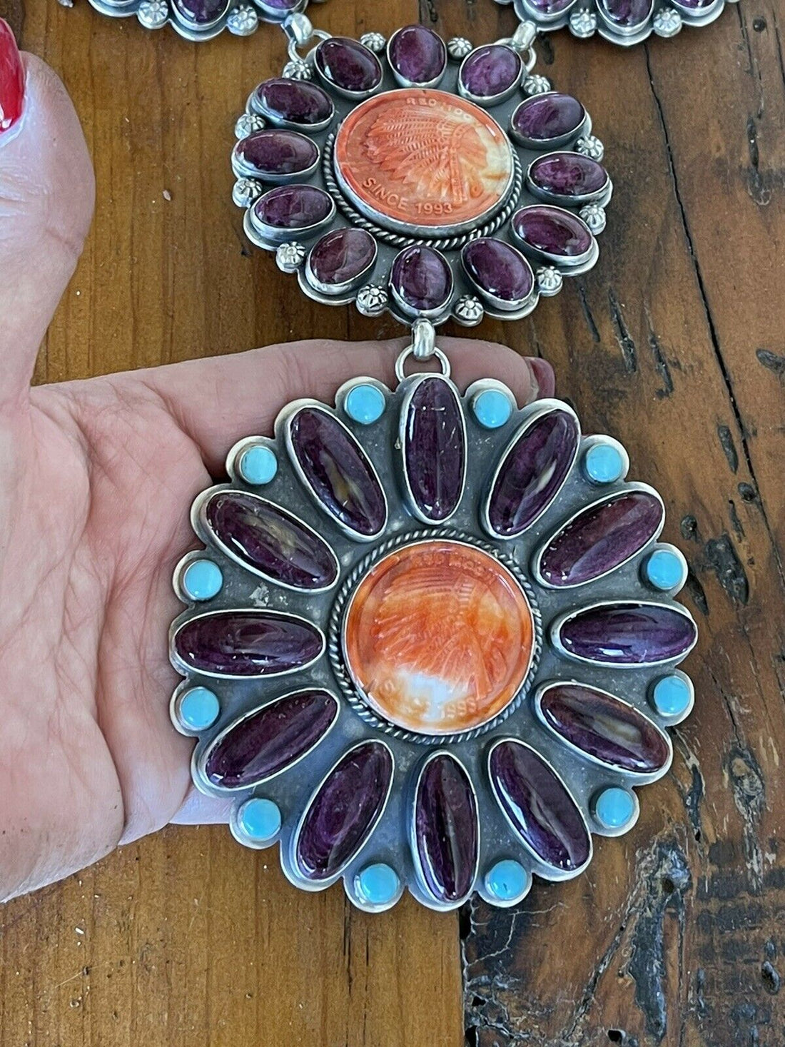 Handcrafted Stunning Sterling Silver, Carved Spiny Oyster and Turquoise Necklace by Gilbert Platero