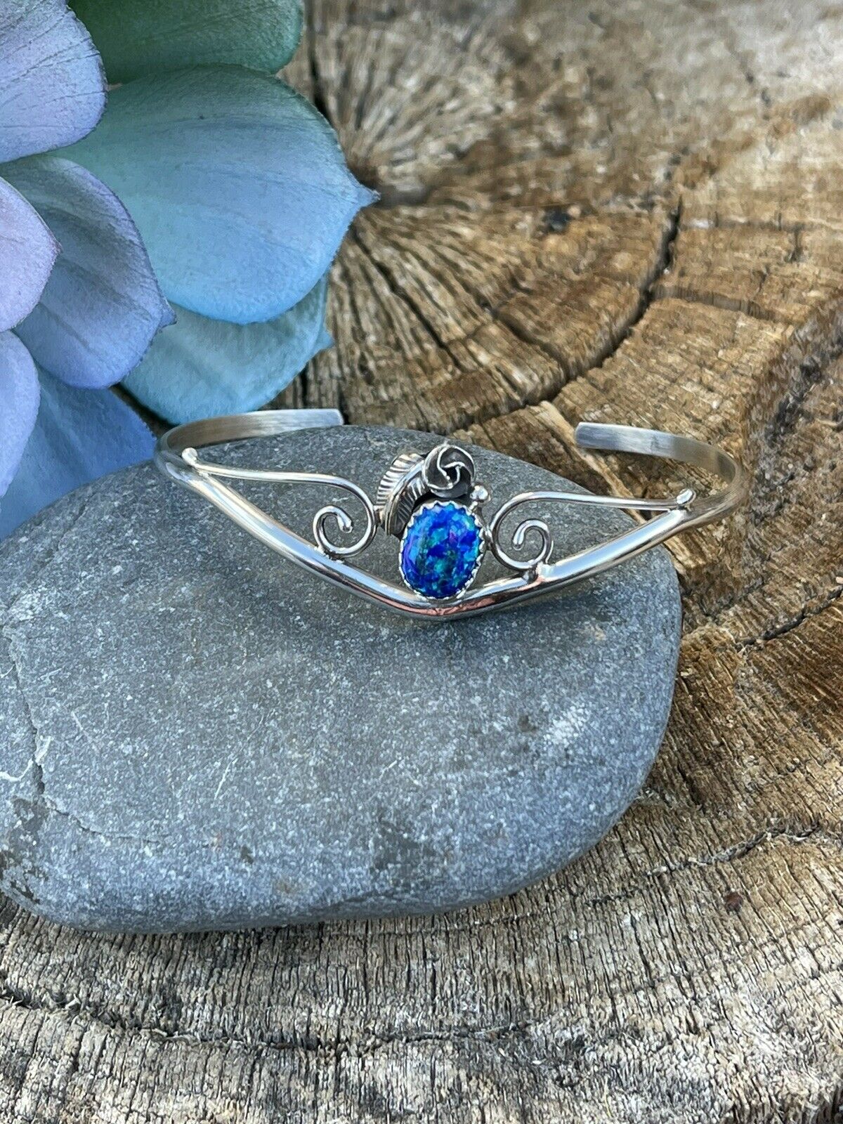 Navajo Sterling Silver Bright Blue Opal Bracelet