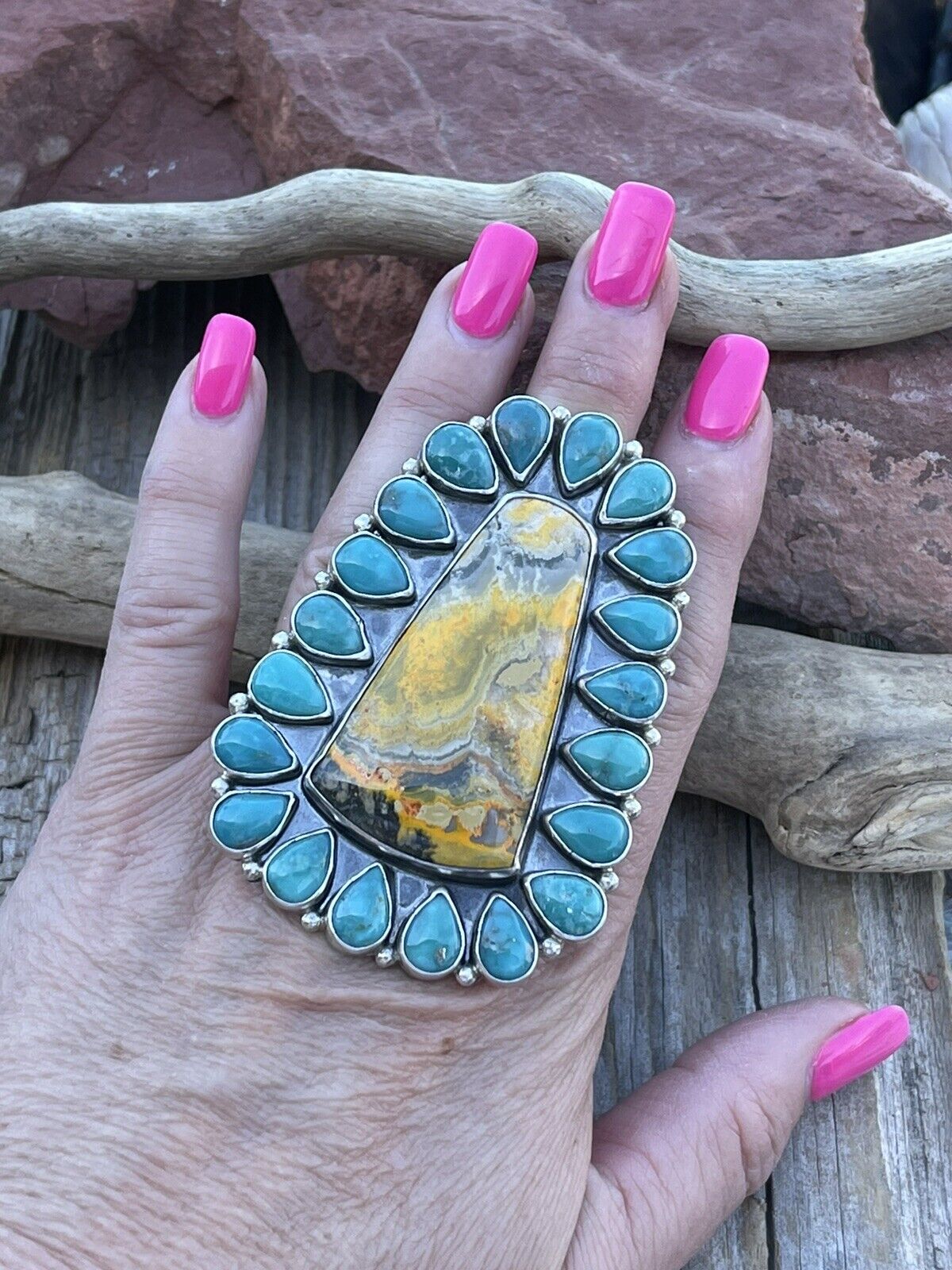 Navajo Sterling Bumblebee and Turquoise Stone Ring Sz 8