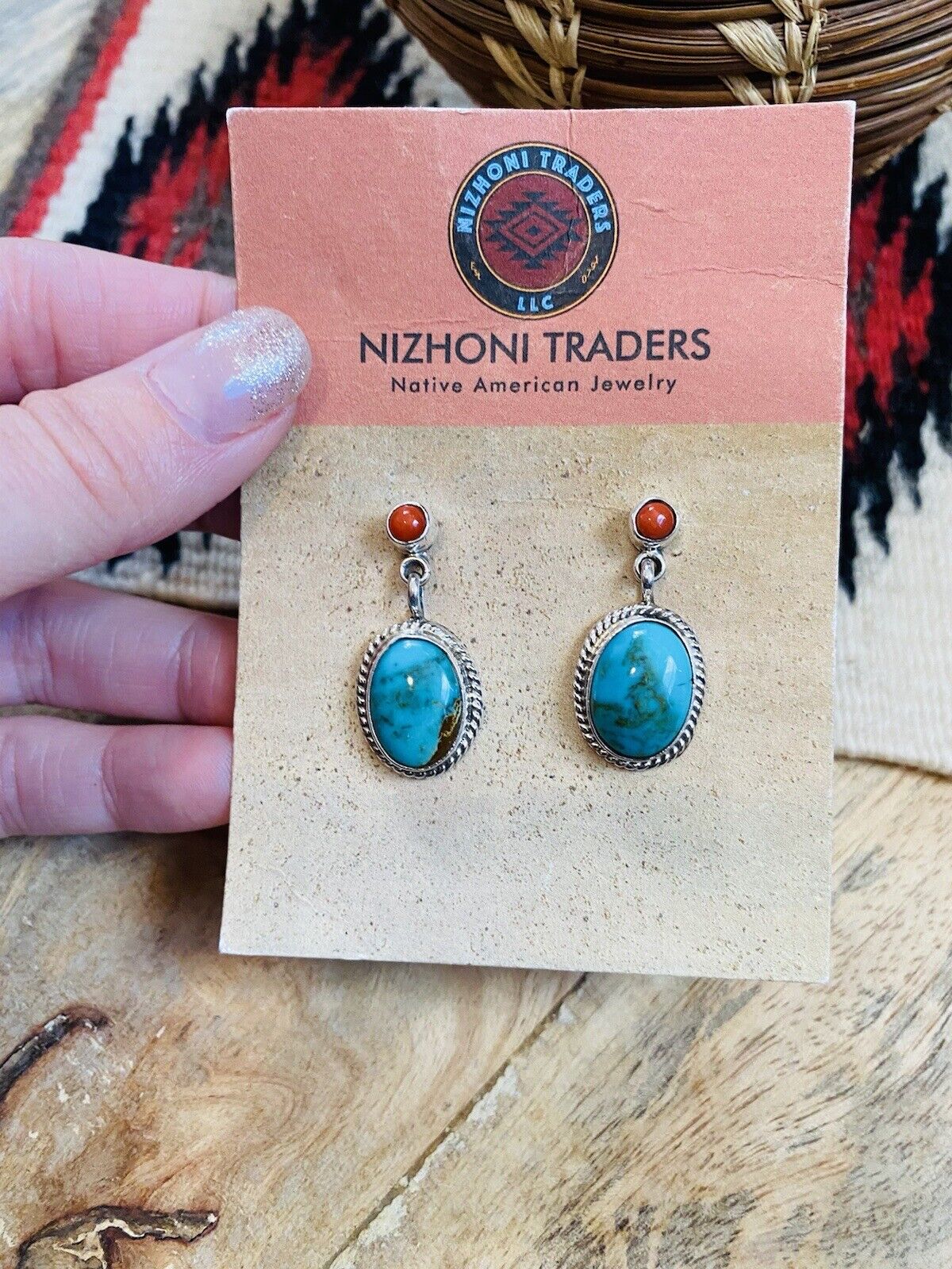 Navajo Turquoise, Coral & Sterling Silver Dangle Earrings