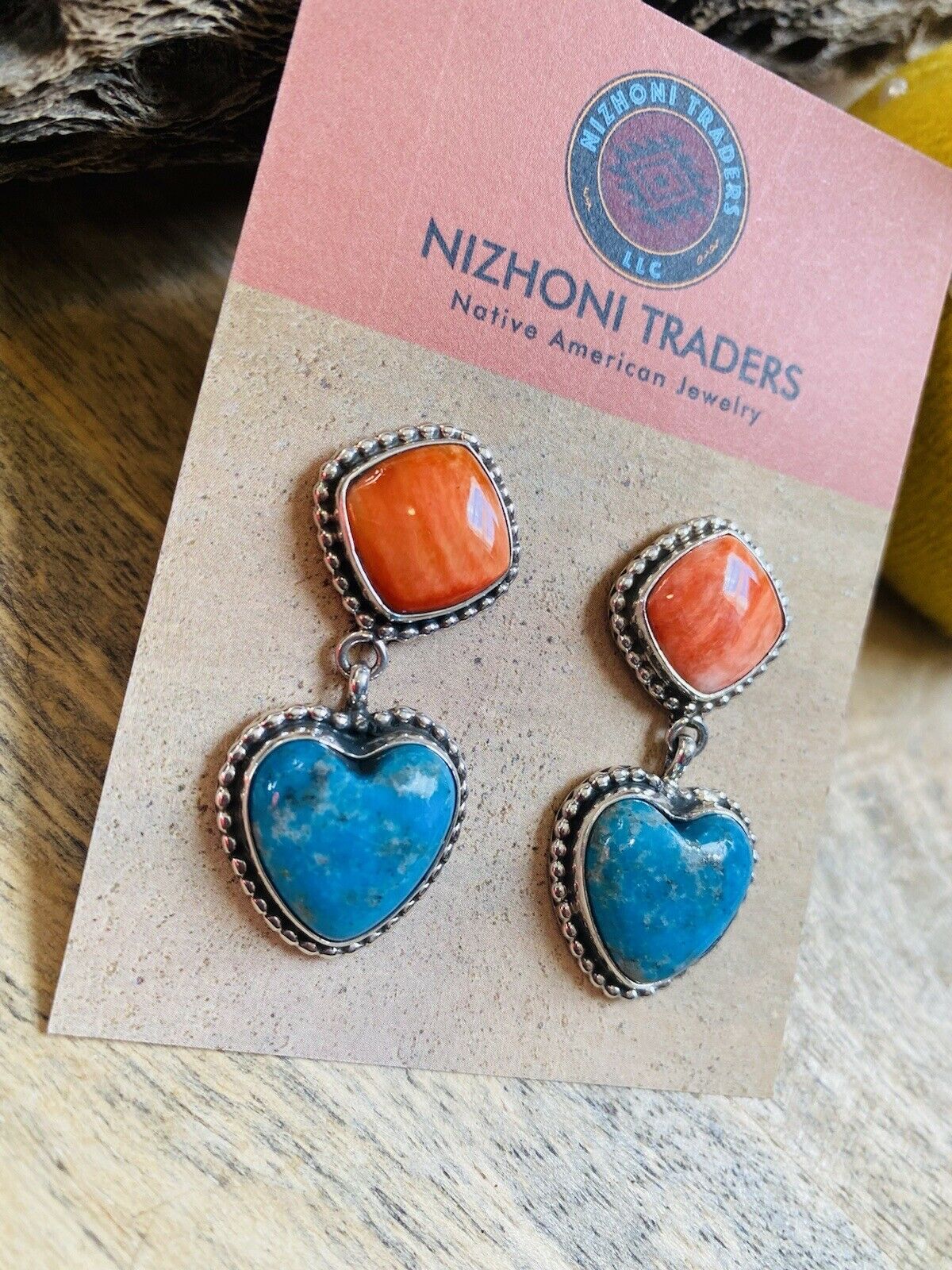 Navajo Sterling Silver, Orange Spiny & Turquoise Heart Dangle Earrings