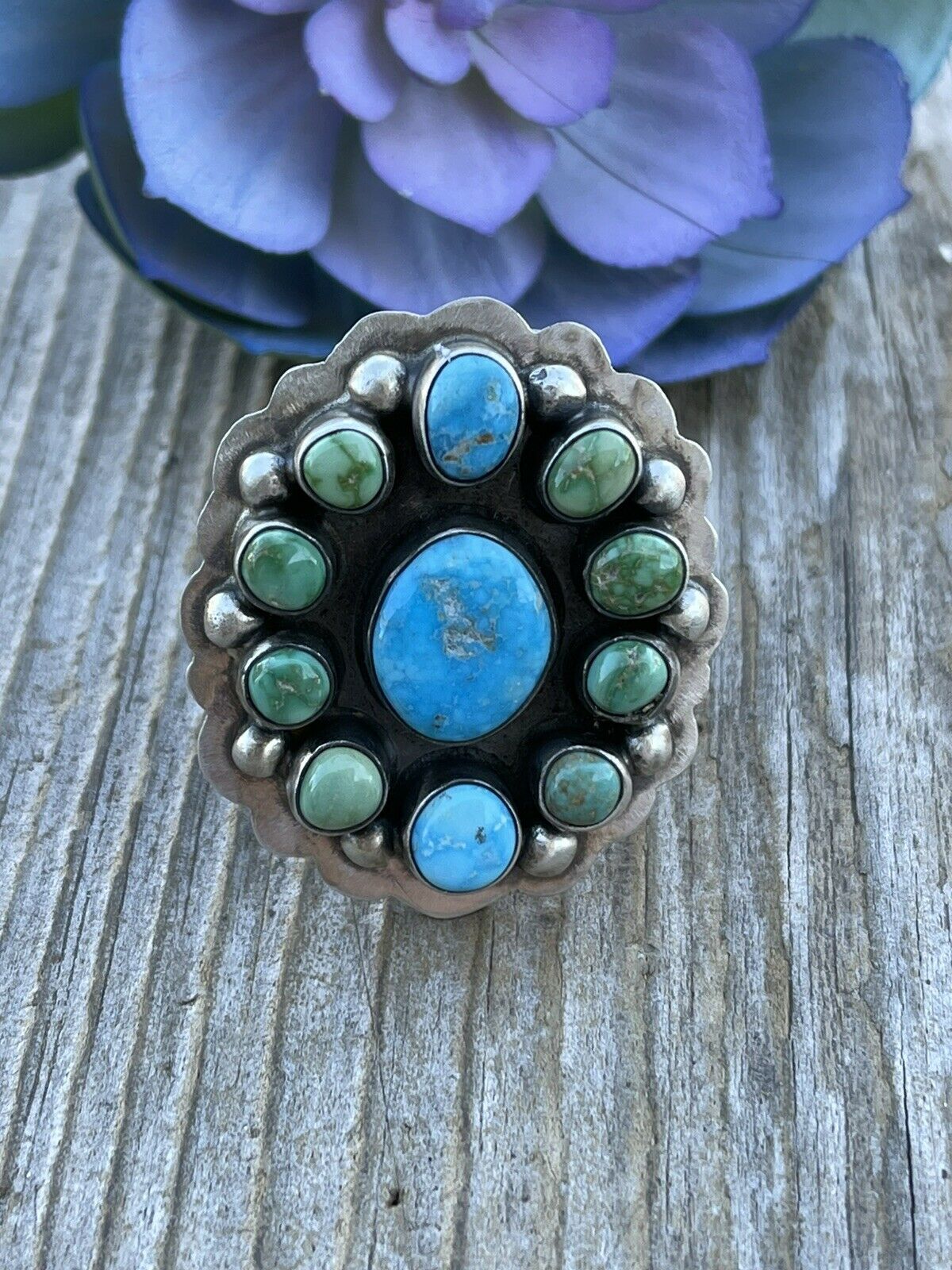 Navajo Sterling Sonoran Gold And Golden Hills Turquoise Cluster Ring Size 8.5