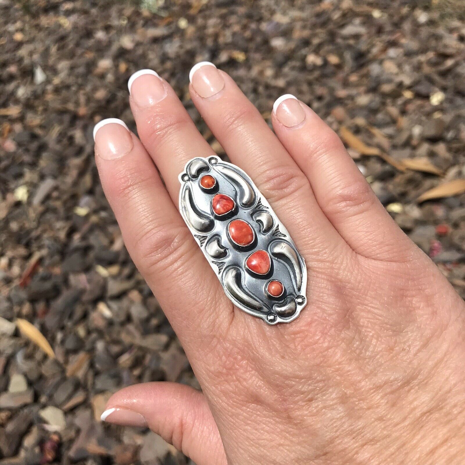 Navajo Sterling Silver Orange Spiny Oyster 5 Stone Ring