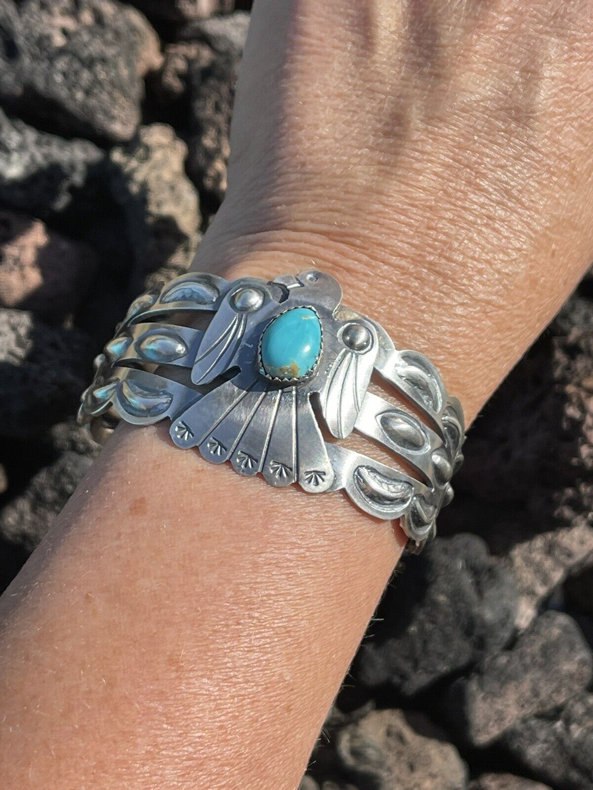 Sterling Silver Navajo Stamped Turquoise Thunderbird Cuff