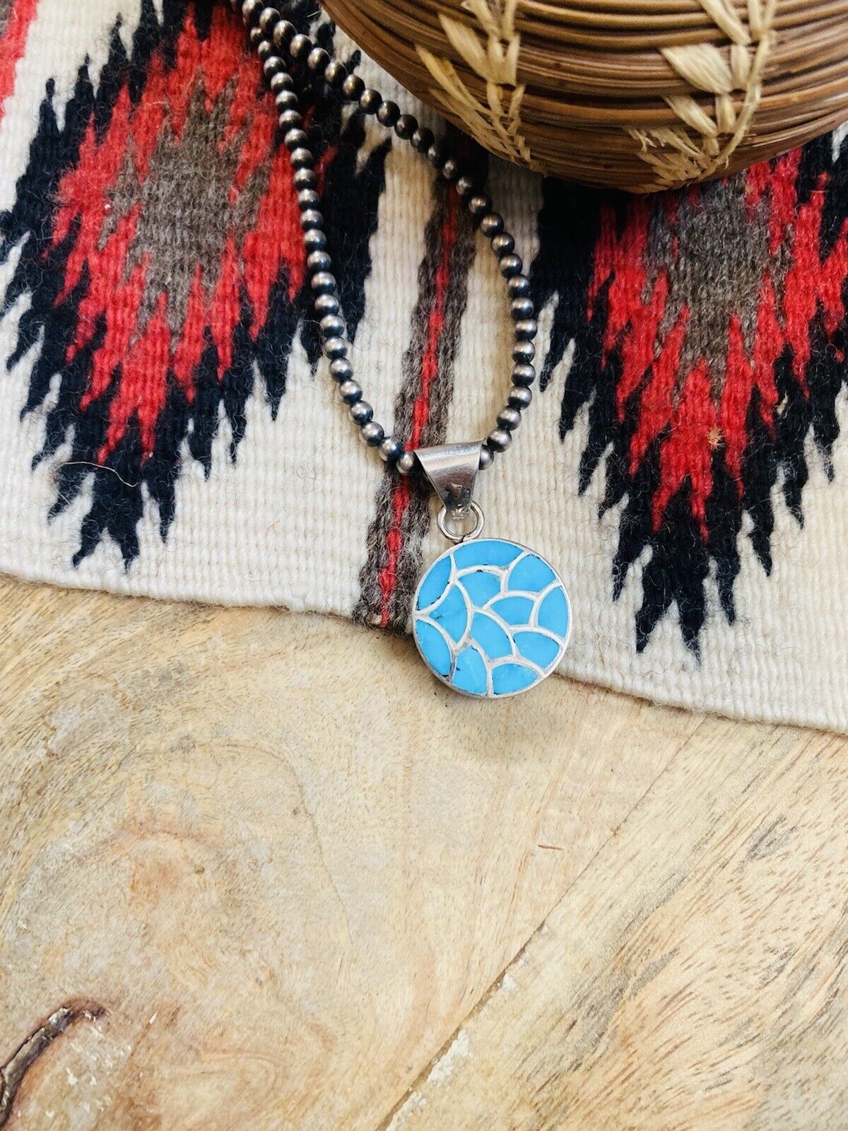 Zuni Turquoise & Sterling Silver Inlay Pendant Signed