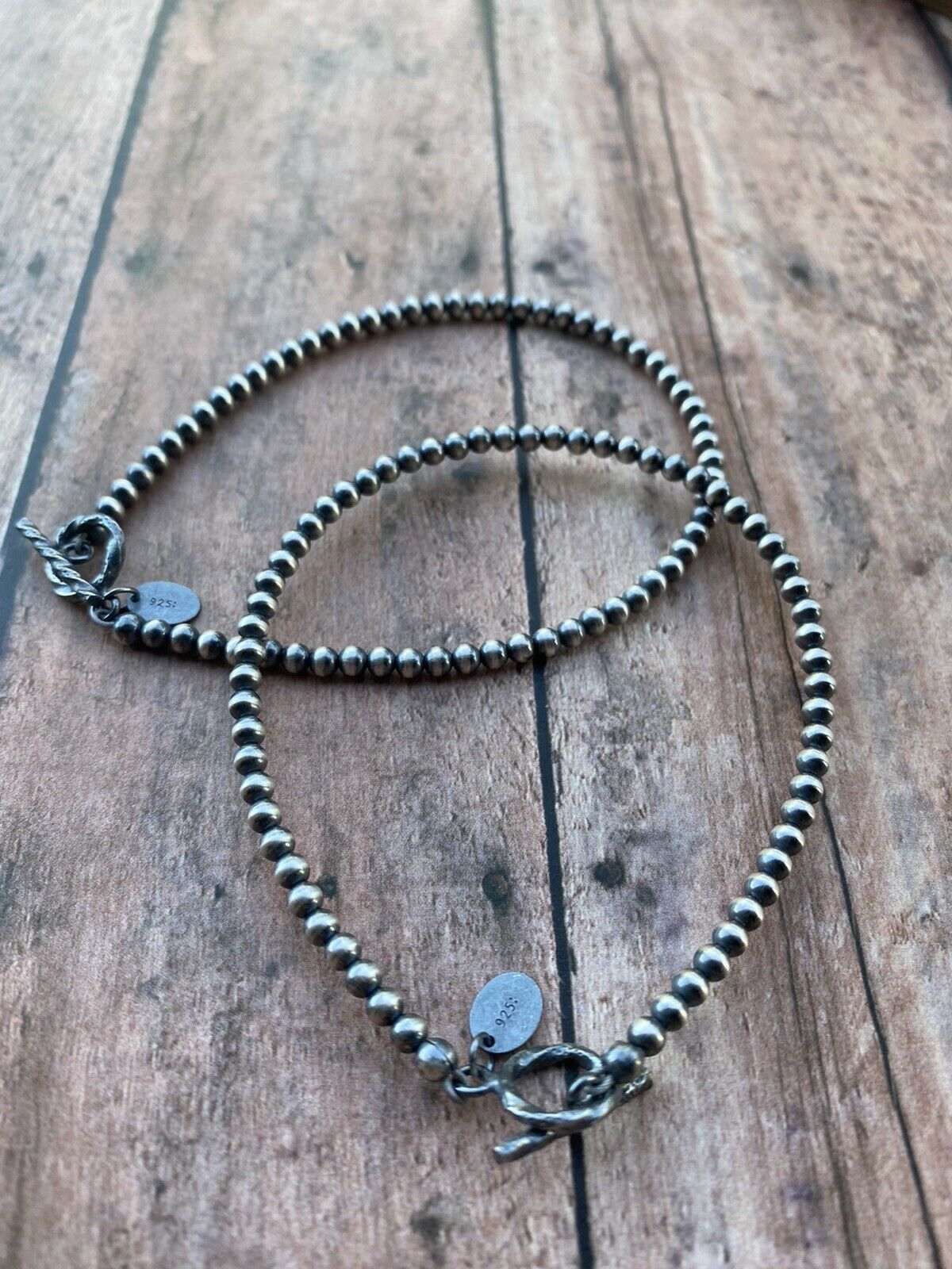 Sterling Silver 3mm 7.5 Inch Handcrafted Pearl Style  Beaded Bracelet