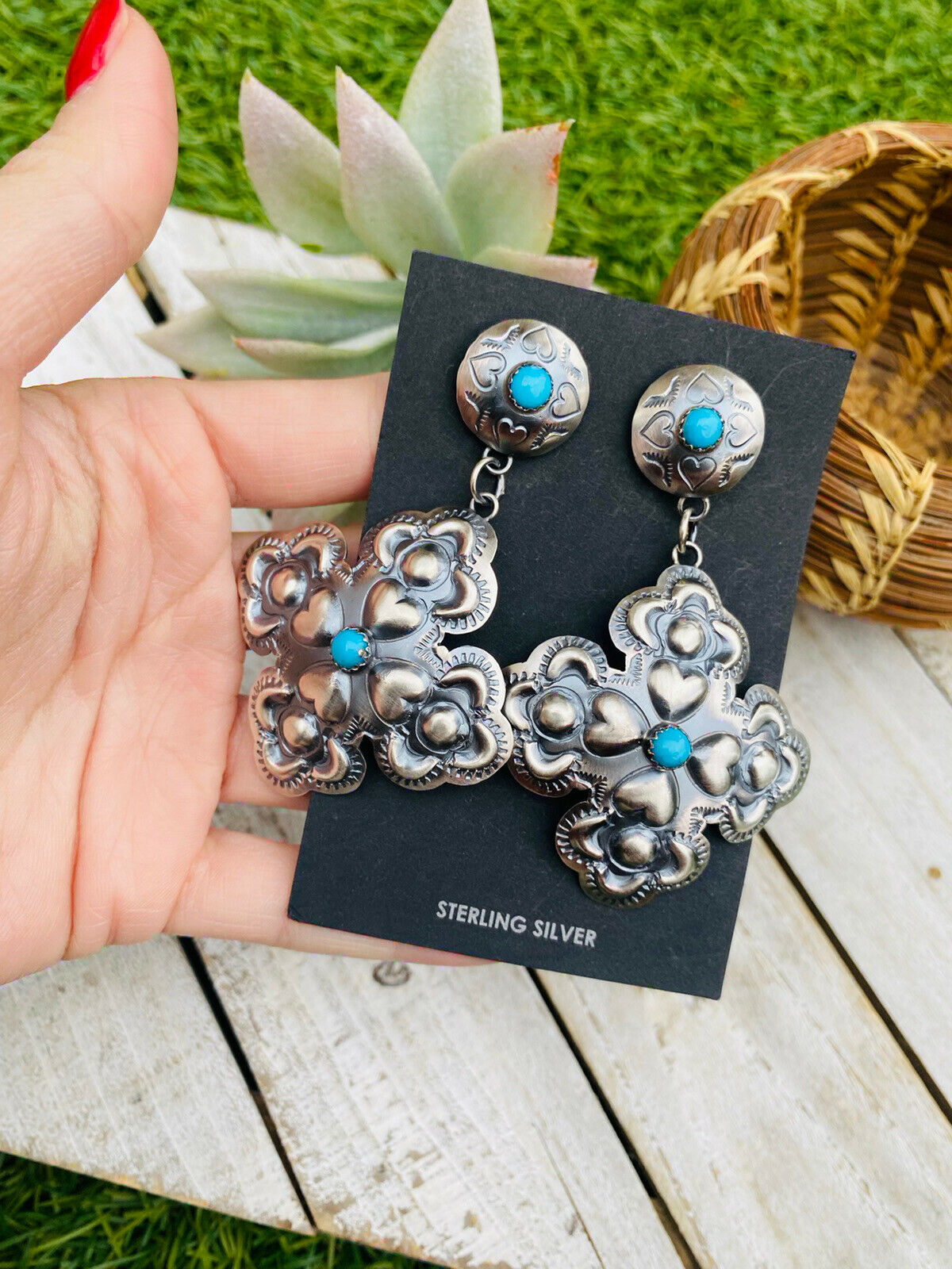 Navajo Turquoise & Sterling Silver Concho Cross Dangle Earrings By Tim Yazzie