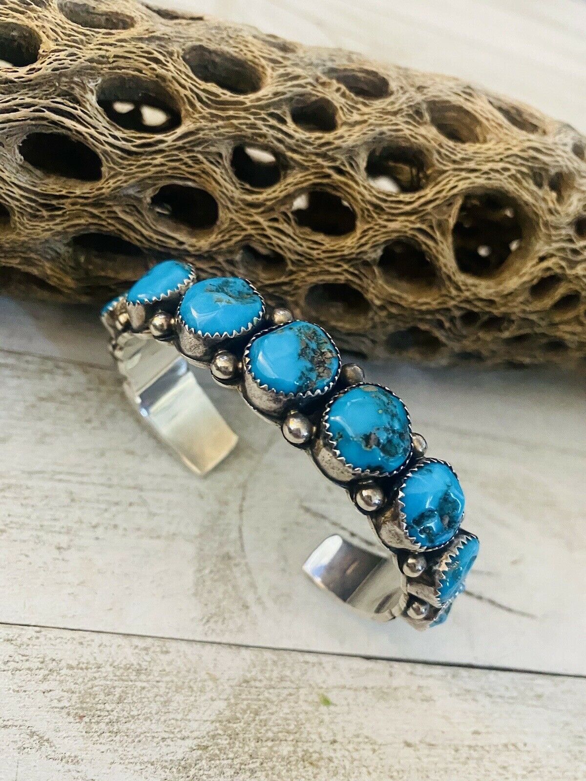 Navajo Sterling Cuff & Kingman Turquoise Cuff Bracelet By Wilbert Muskett