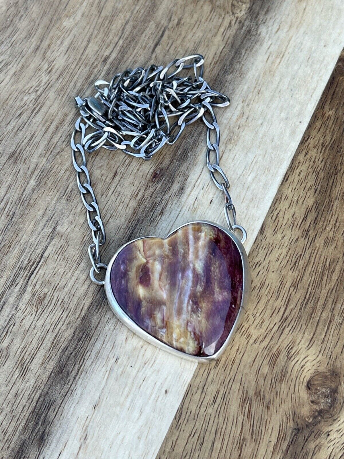 Navajo Purple Spiny And Sterling Silver Heart Necklace Signed