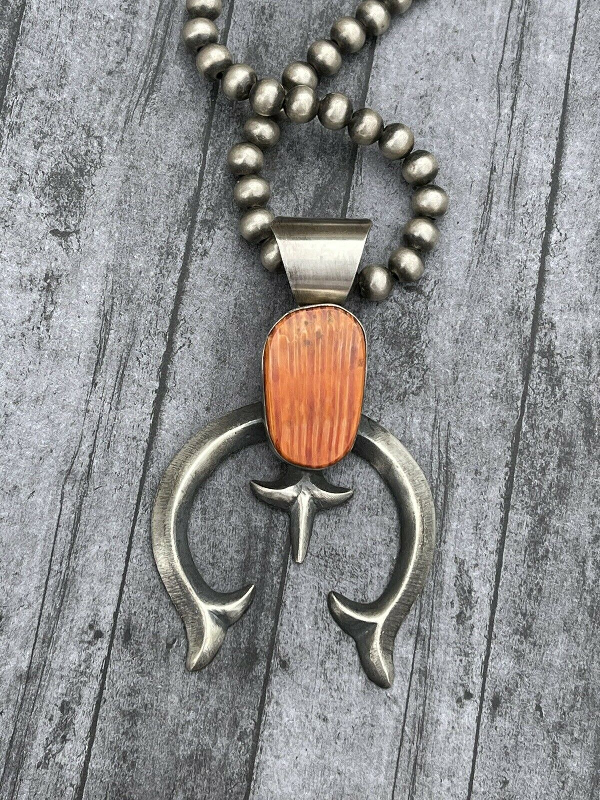 Navajo Chimney Butte Orange Spiny & Sterling Silver Naja Pendant Signed