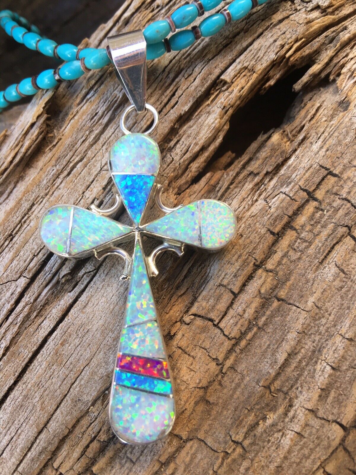 Navajo Multi Stone And Sterling Silver Two Sided Inlay Cross Pendant