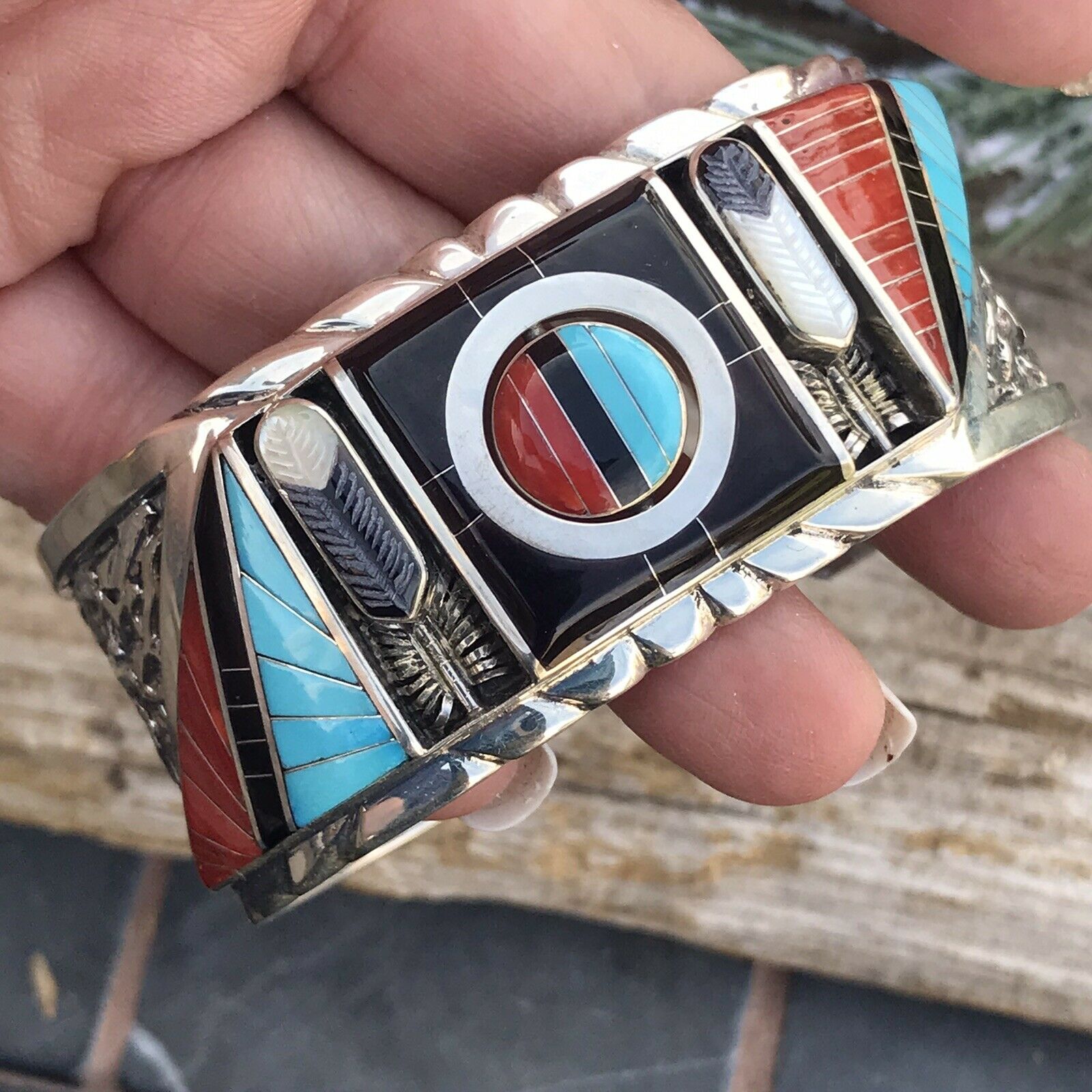 Don Dewa Zuni Sterling Silver Multi-stone SunFace Changer Bracelet Cuff