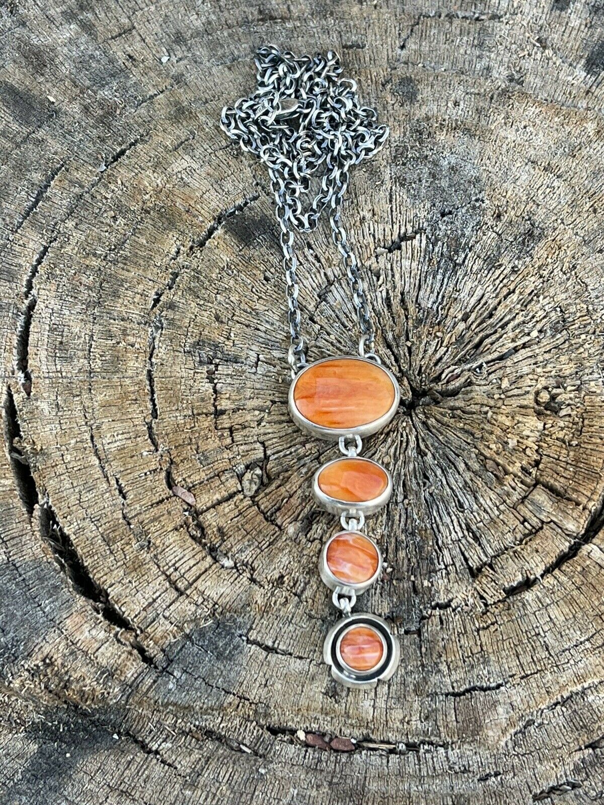 Navajo Orange Spiny Circle & Sterling Silver 4 Stone Lariat Necklace