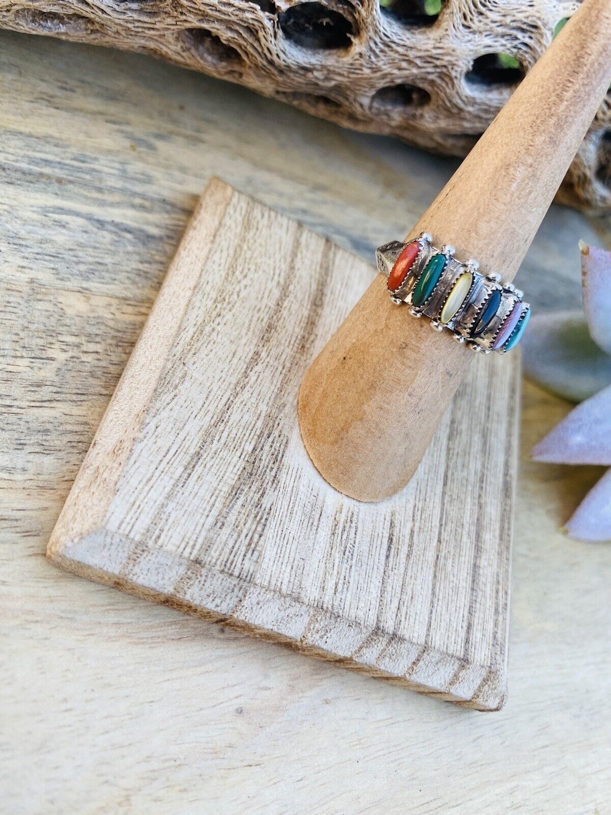 Zuni Sterling Silver & Multi Stone Needlepoint Band Ring