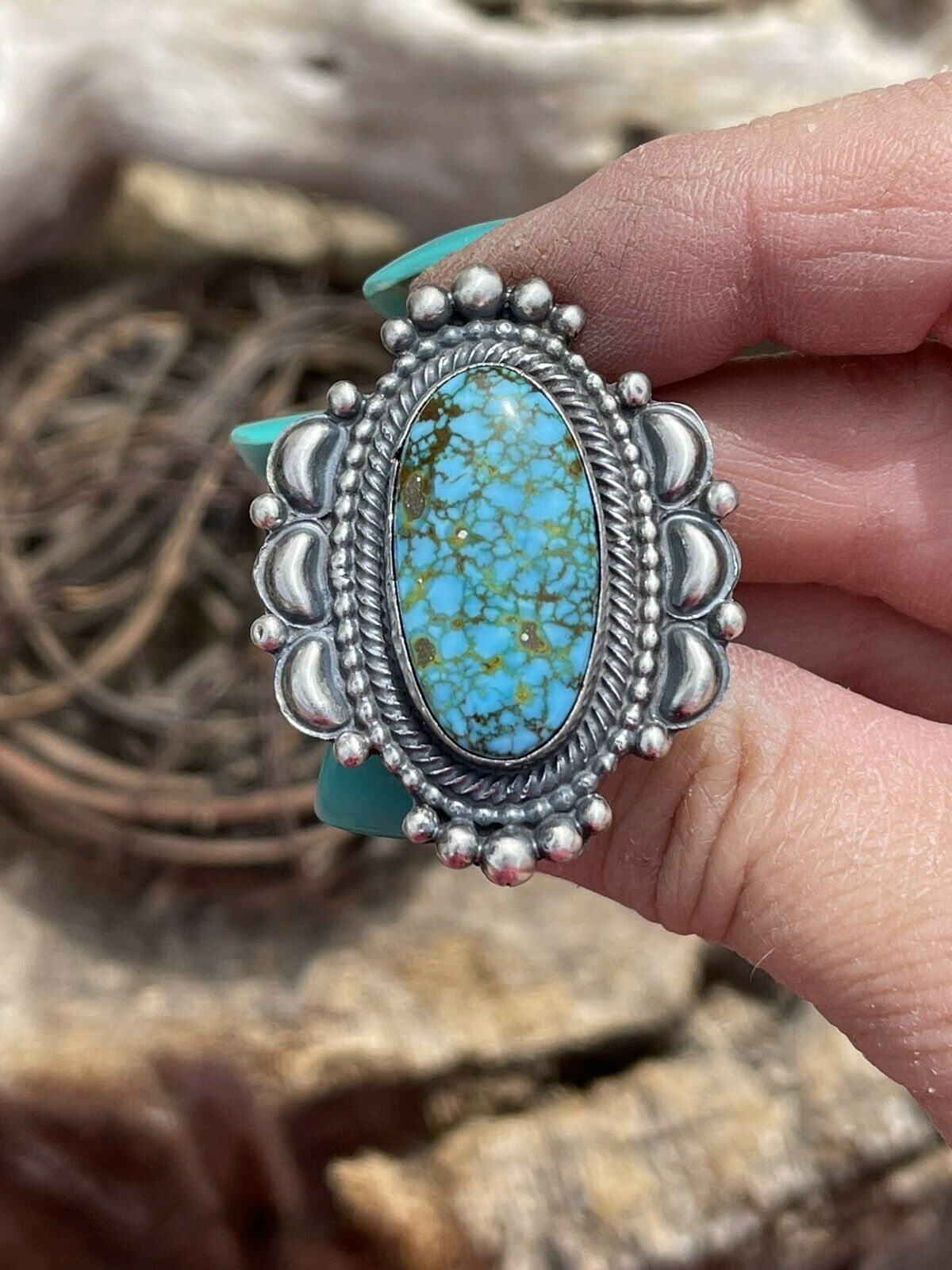 Navajo Sonoran Mountain Turquoise & Sterling Silver Statement Ring Size 8