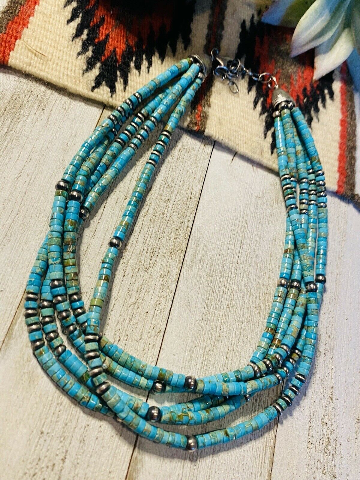 Navajo Turquoise & Sterling Silver Beaded 5 Strand Beaded Necklace