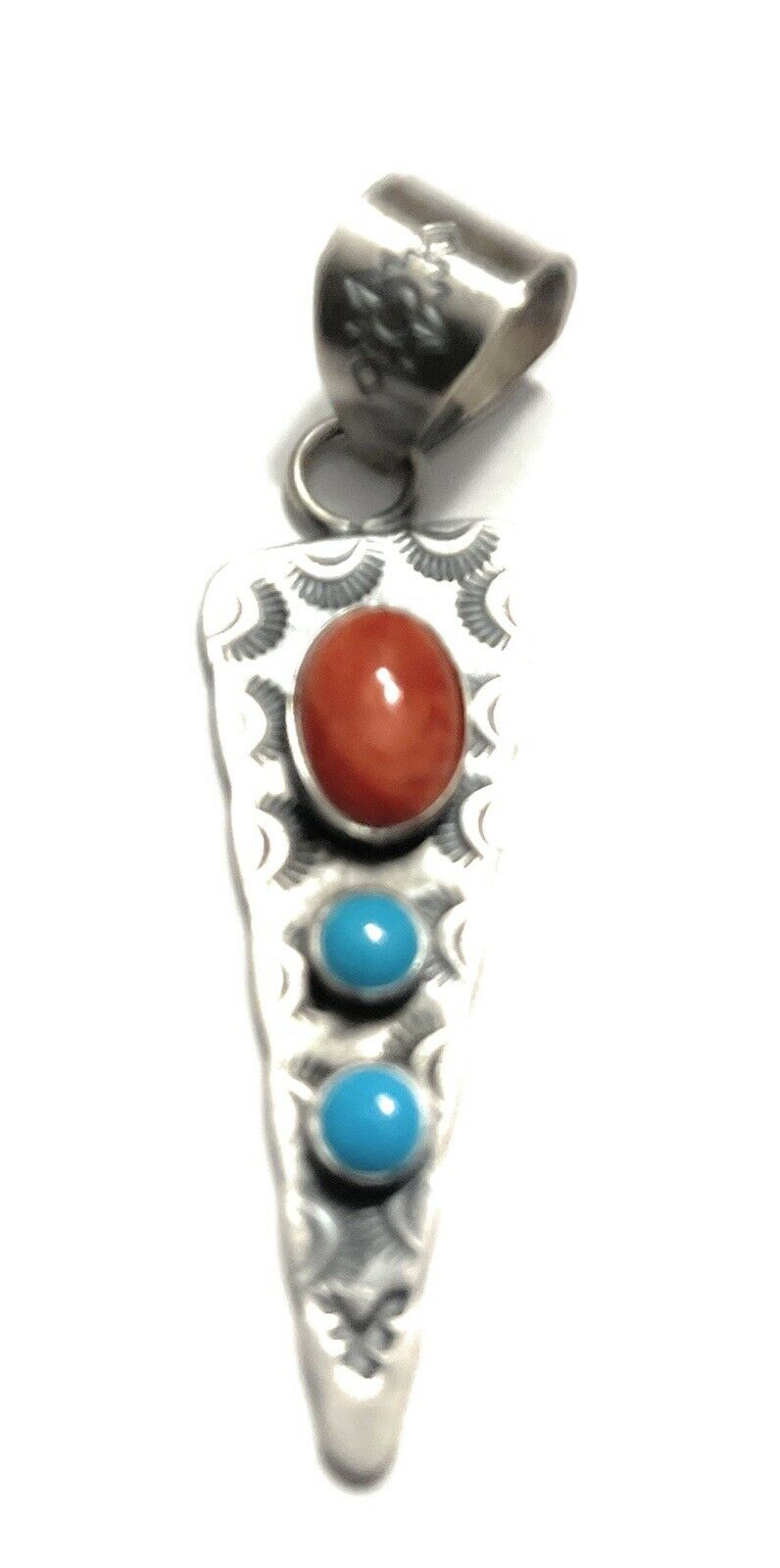 Navajo Handmade Sterling Silver Arrow Turquoise and Spiny Pendant