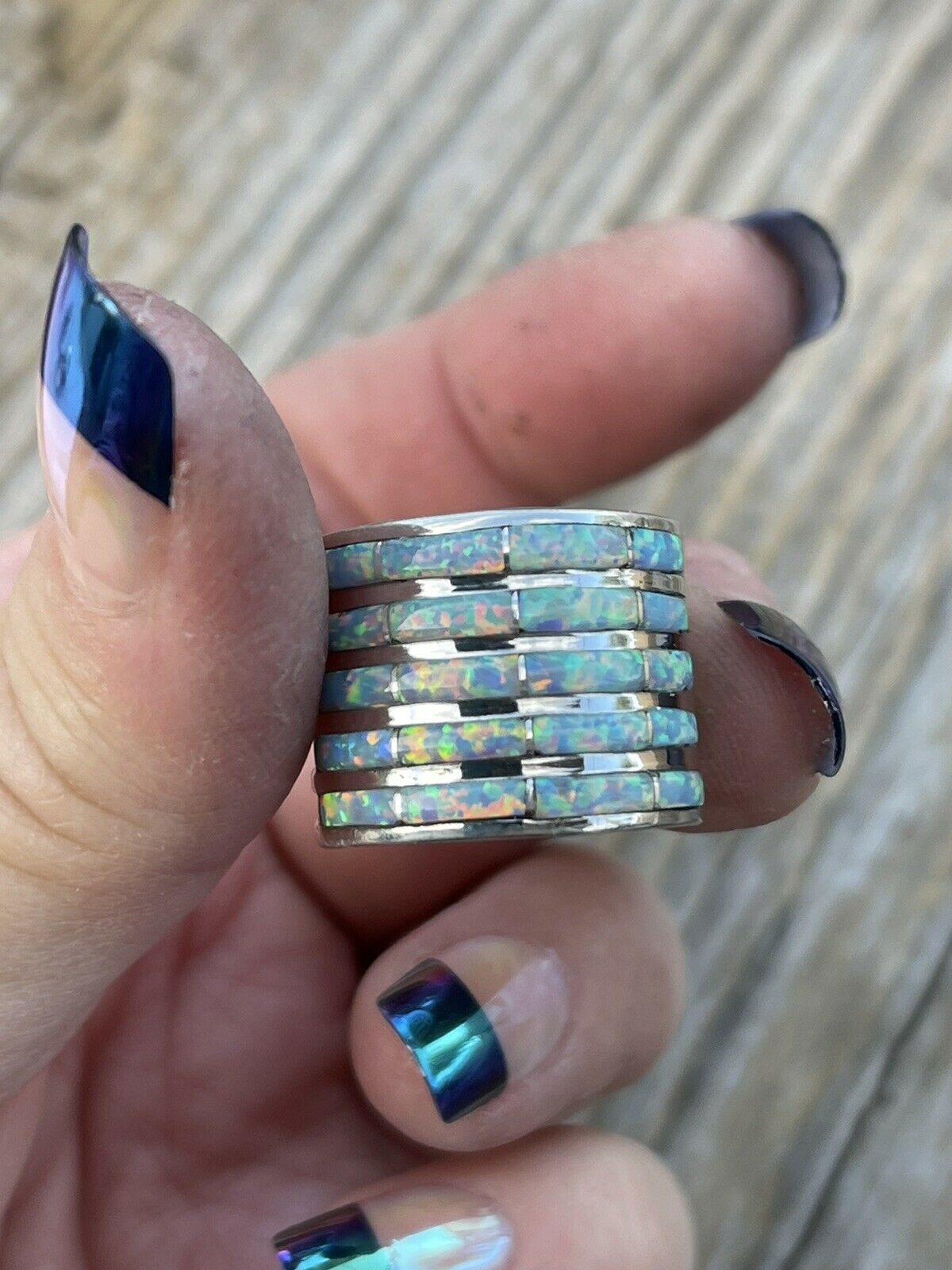 Navajo Sterling Silver Iridescent Opal Stacked Ring