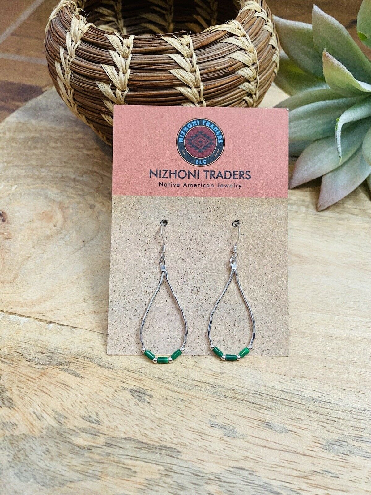 Navajo Sterling Liquid Silver & Malachite Beaded Dangle Earrings