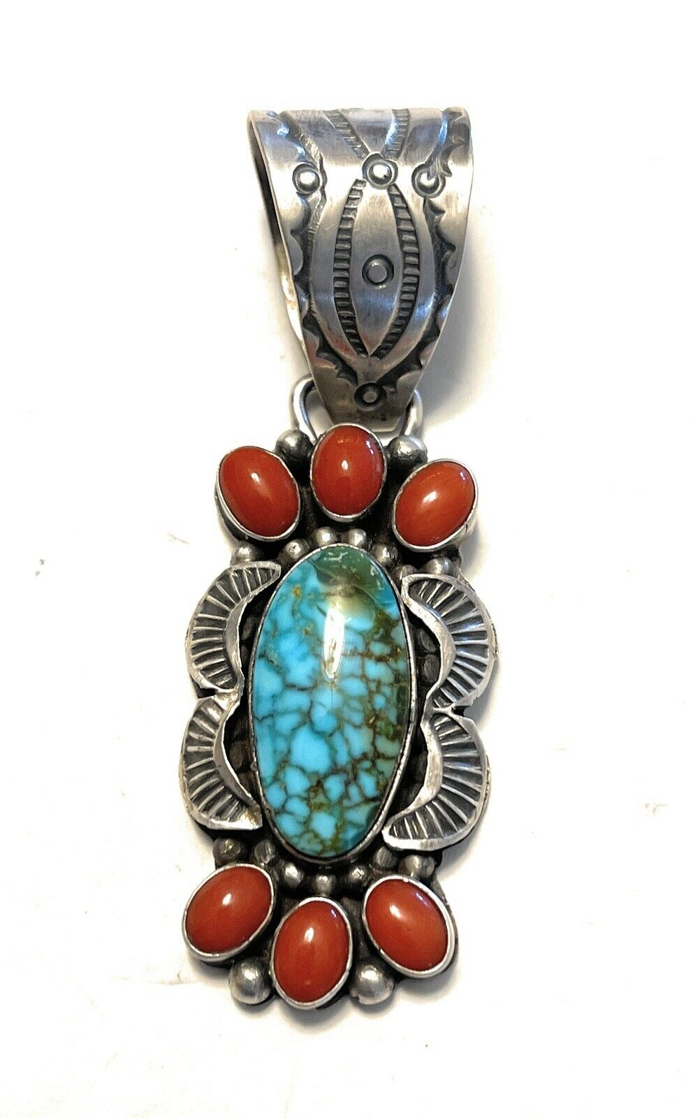 Navajo Sterling Kingman Web Turquoise & Red Coral Pendant Taos Collection