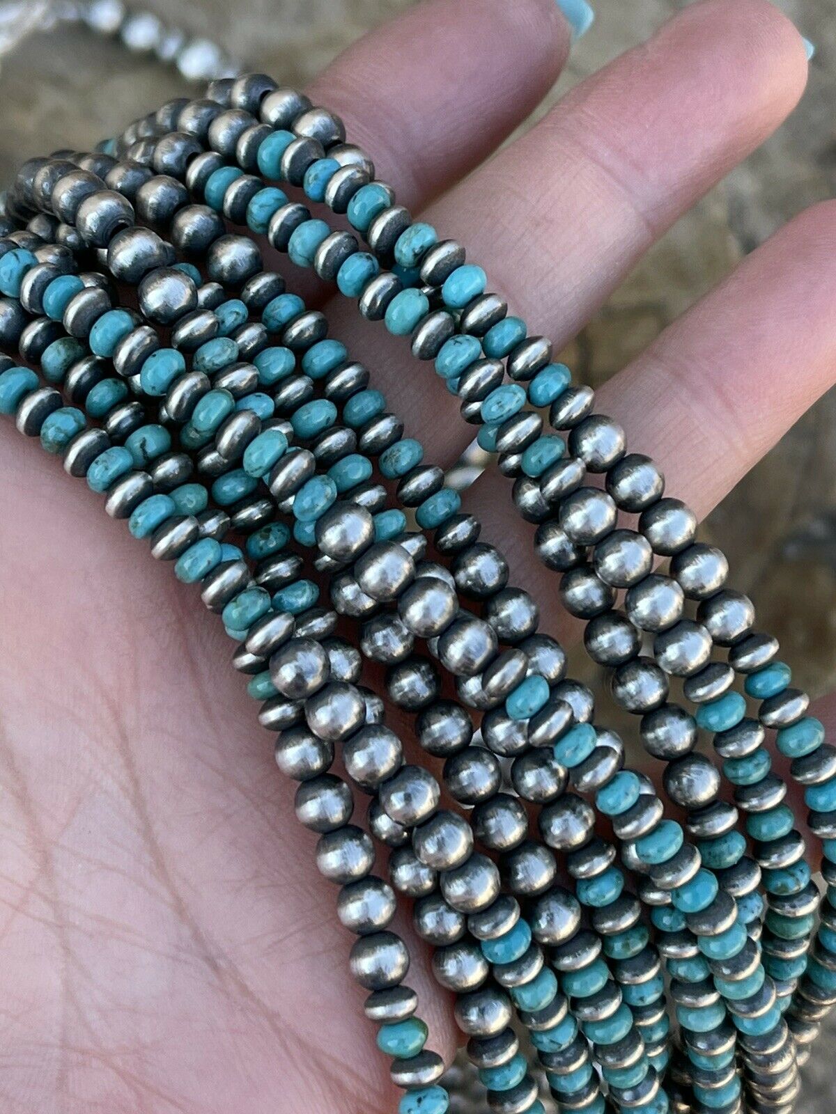 Navajo Sterling Silver & Turquoise Beaded 10 Strand Necklace