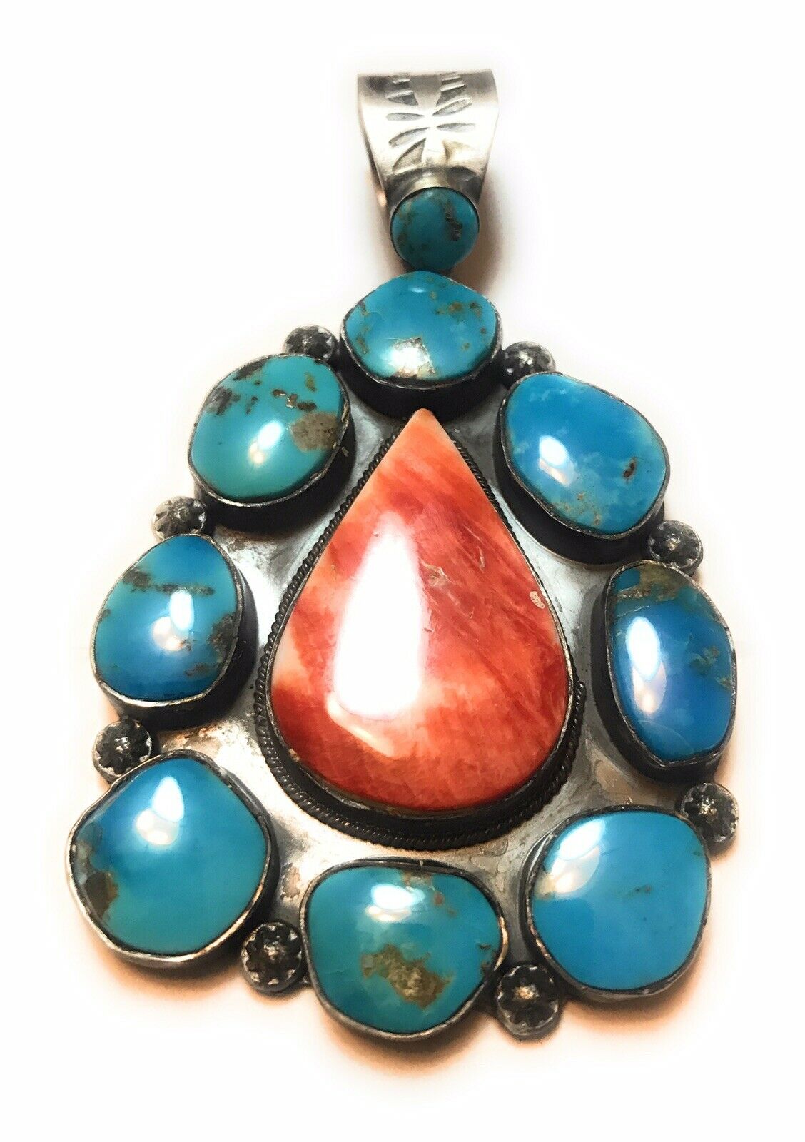 Navajo Sterling Silver Spiny Oyster And Kingman Turquoise Pendant