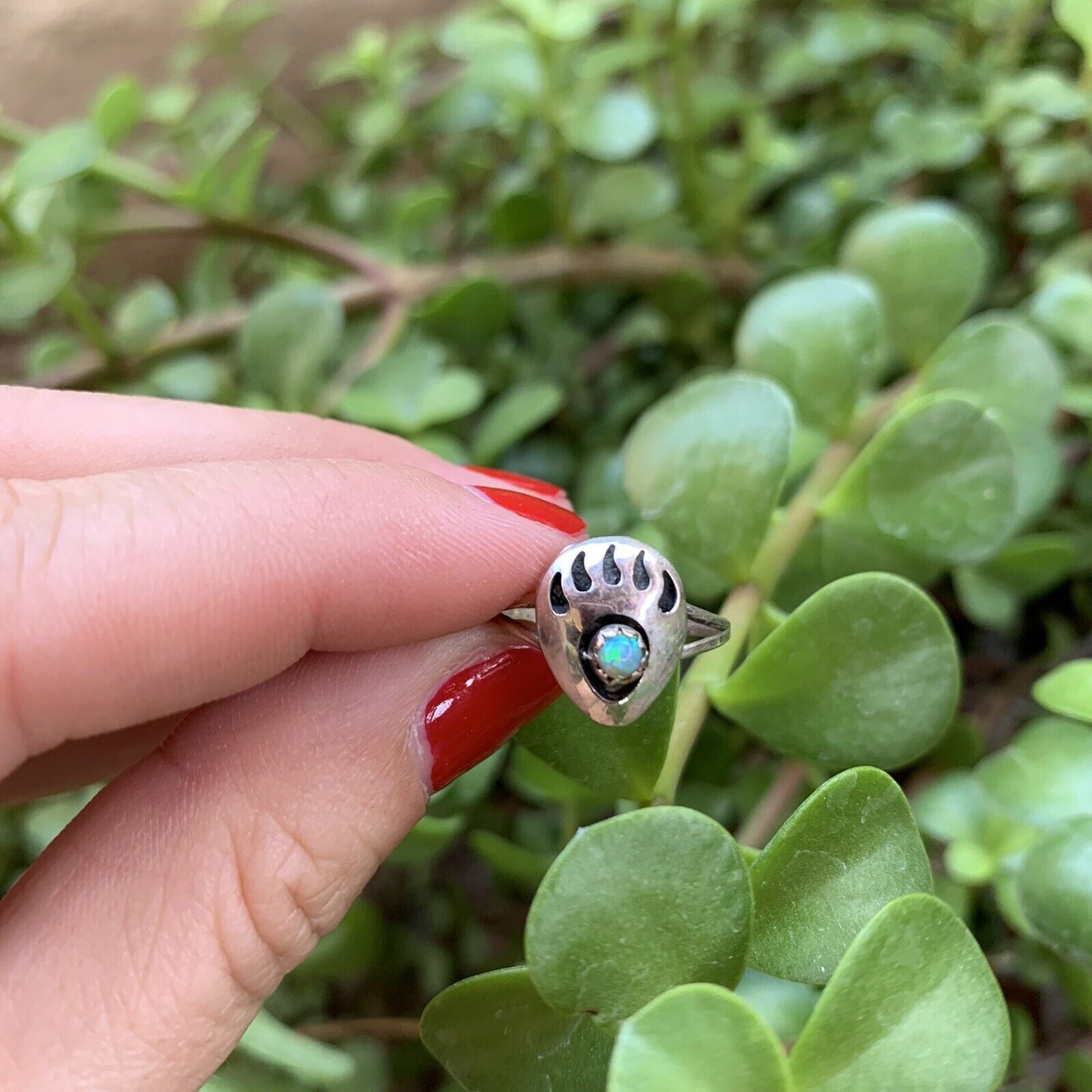 Zuni Sterling Silver & Green Opal Bear Paw Ring