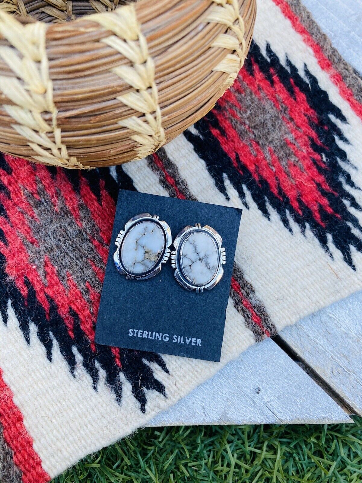 Navajo White Buffalo And Sterling Silver Post Earrings Signed