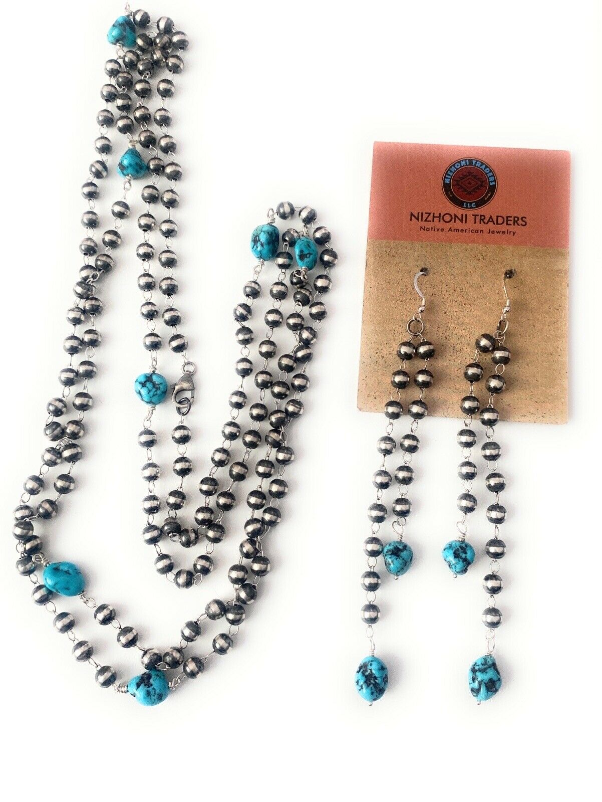 Navajo Kingman Turquoise & Sterling Silver Pearl Beaded Necklace Set