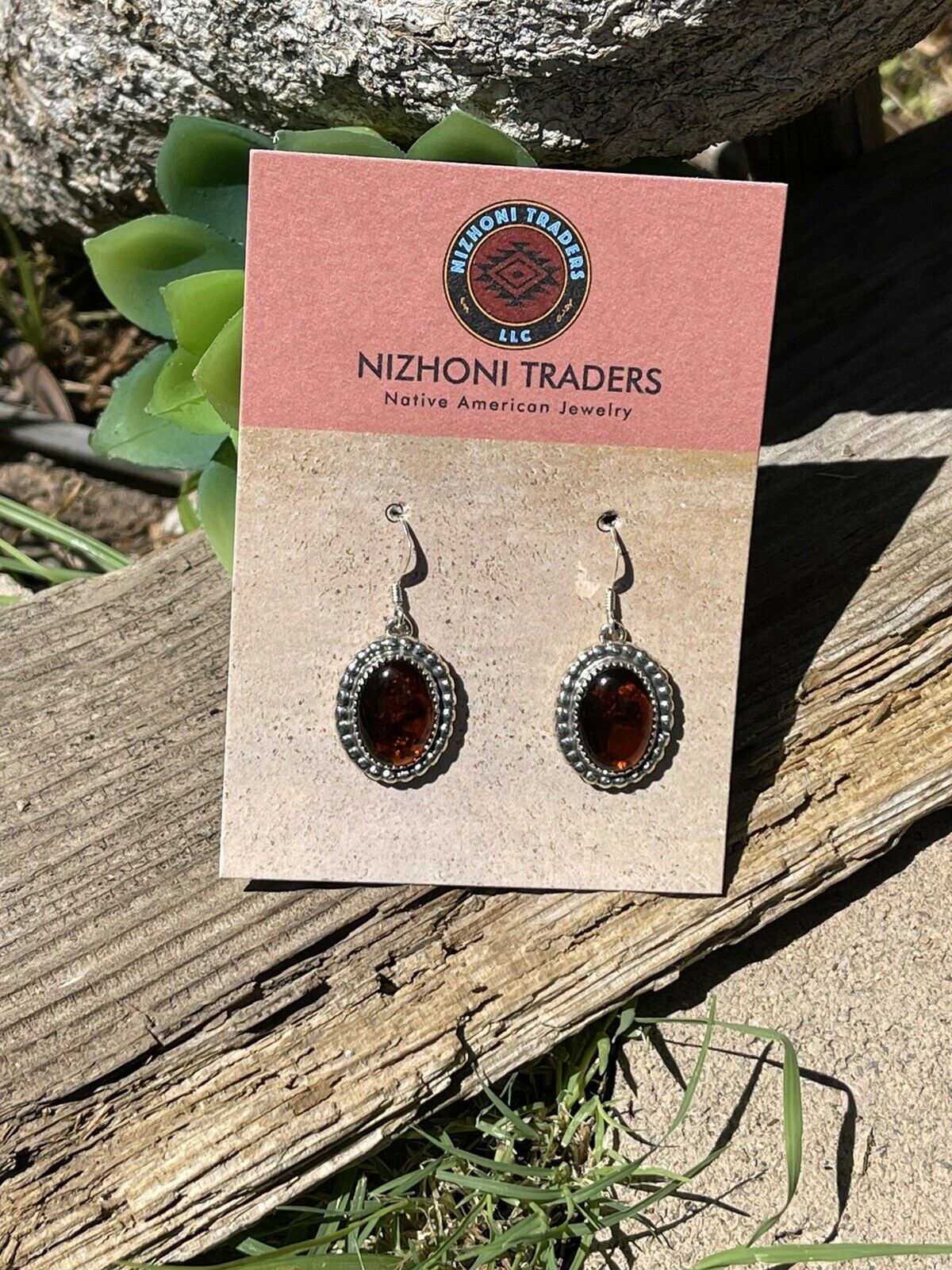 Navajo Sterling Silver and Bead Dot Style Amber Dangle Earrings