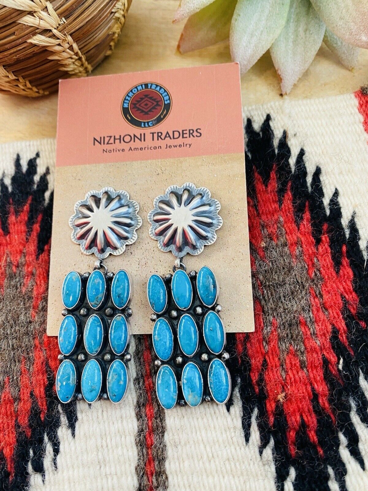 Navajo Turquoise & Sterling Silver Cluster Dangle Earrings Signed