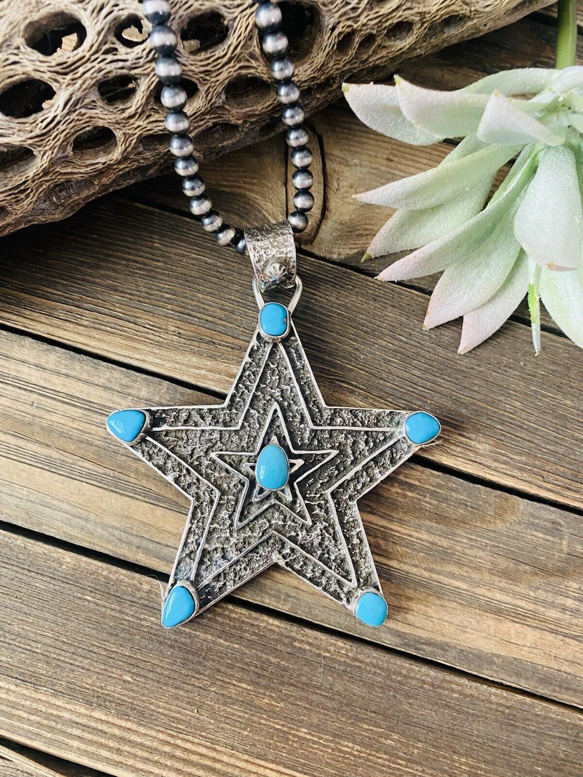 Navajo Turquoise & Sterling Silver Tufa Cast Star Pendant