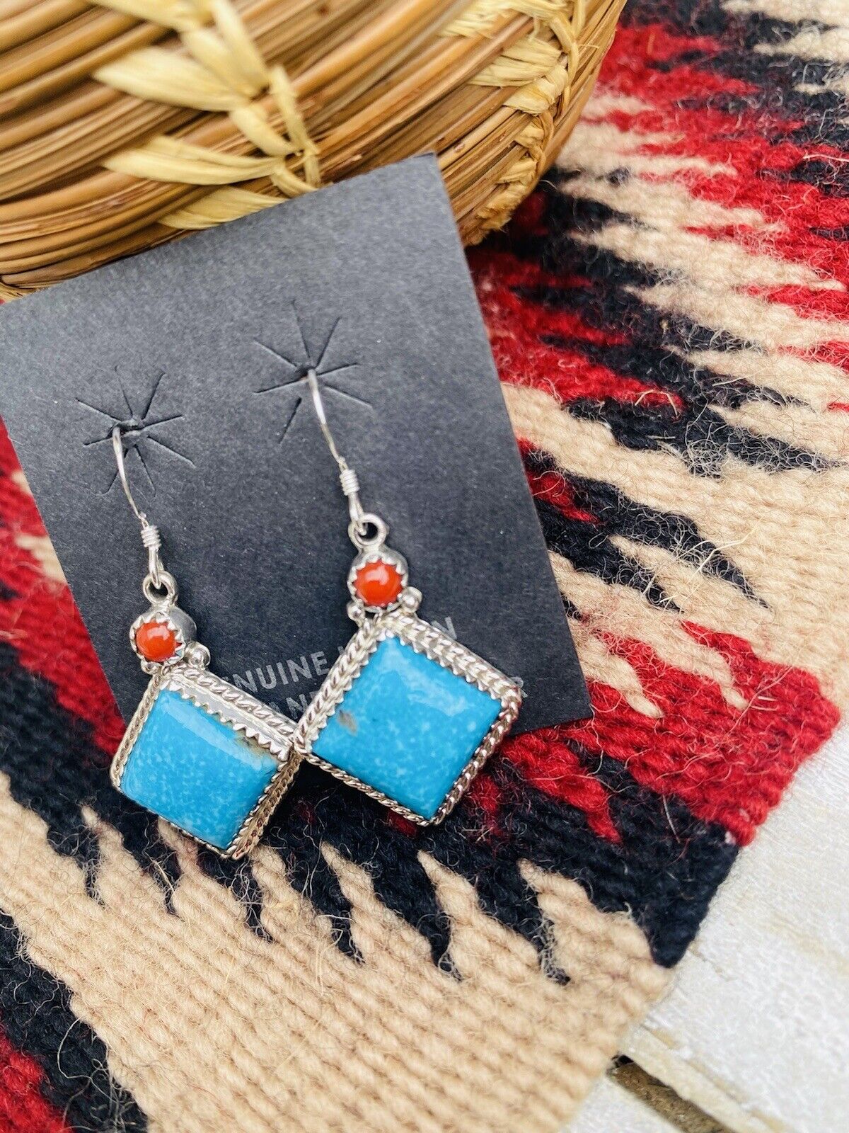 Navajo Turquoise, Coral & Sterling Silver Dangle Earrings