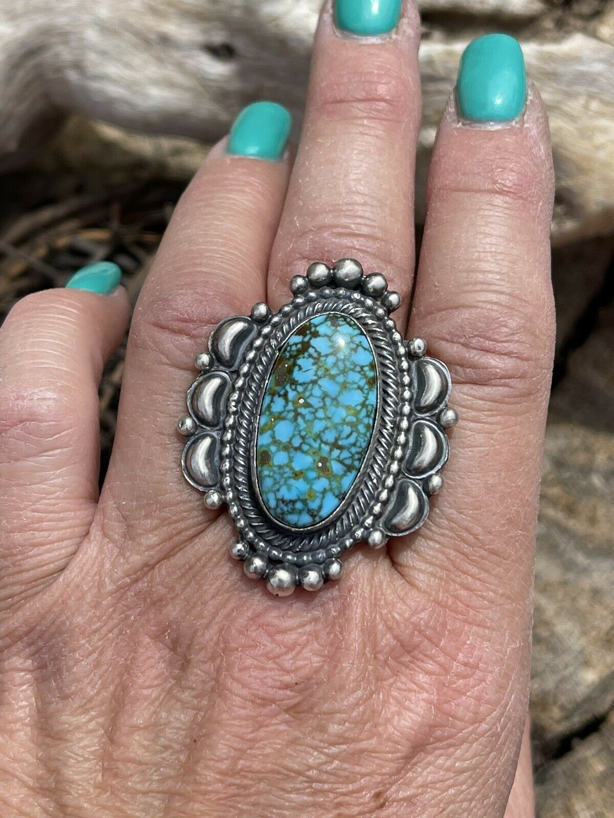 Navajo Sonoran Mountain Turquoise & Sterling Silver Statement Ring Size 8