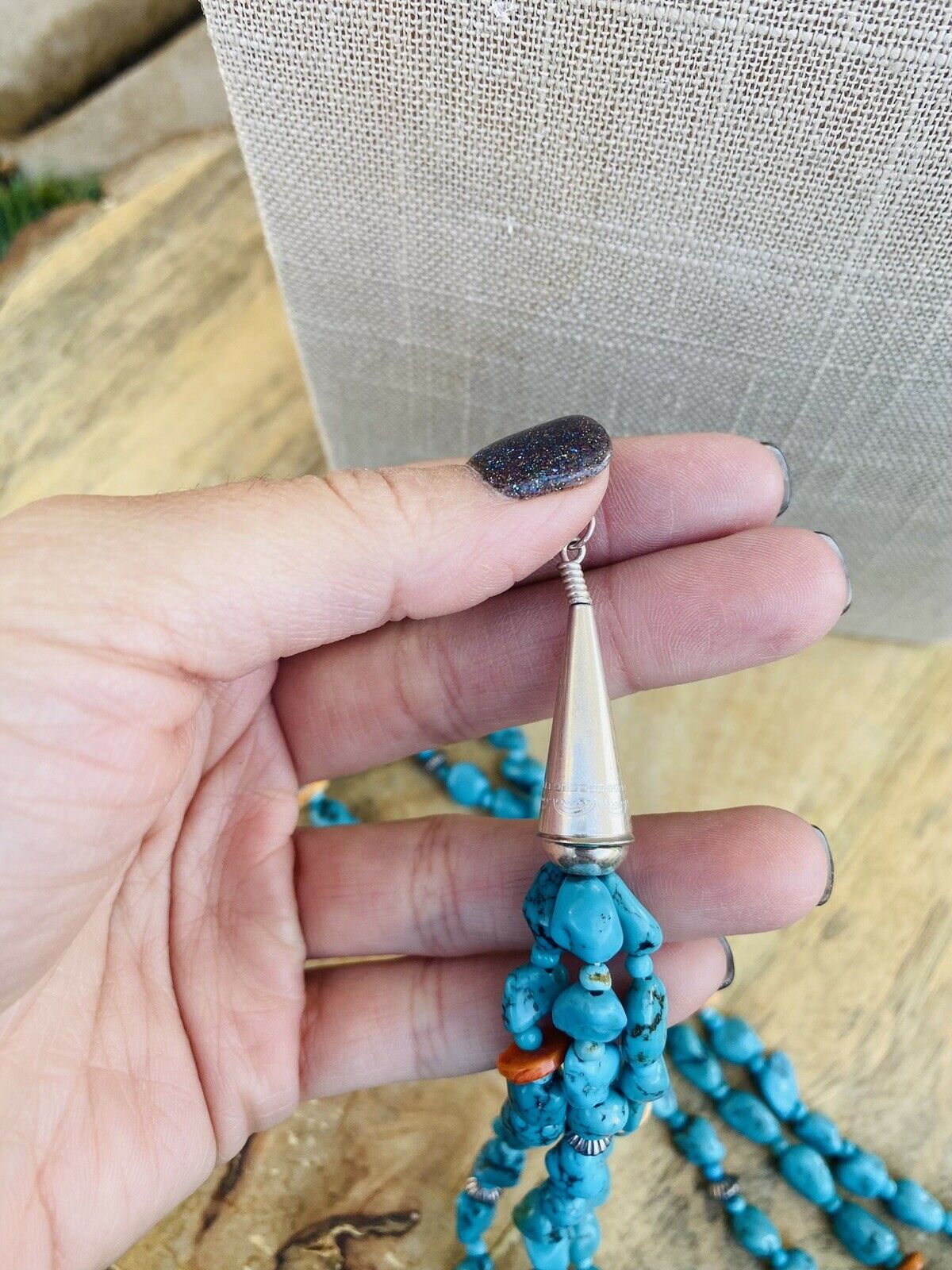 Vintage Navajo Sterling Silver, Turquoise & Spiny Beaded Necklace