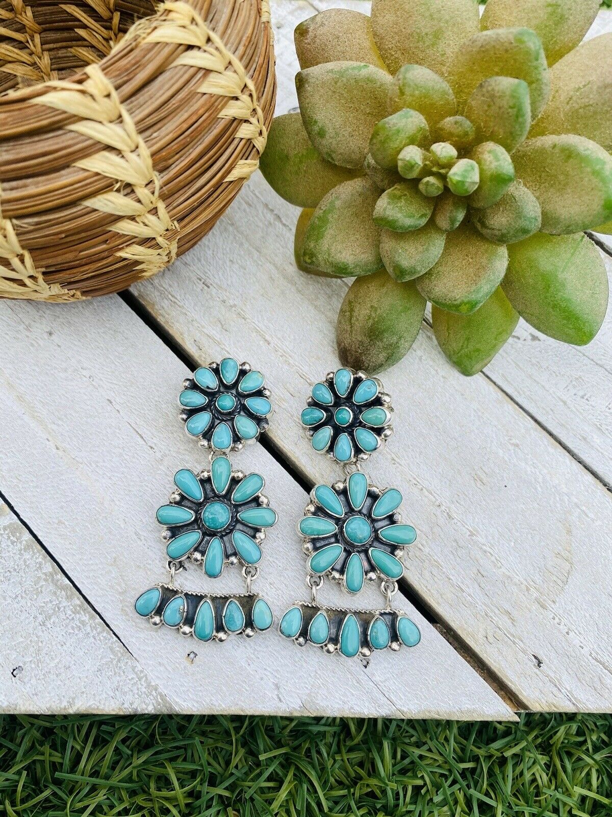 Navajo Handmade Turquoise and Sterling Silver Cluster Dangle Post Earrings