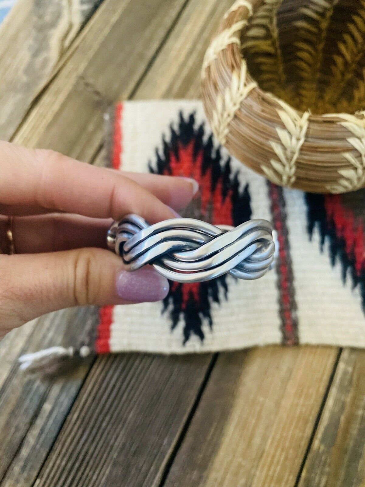 Navajo Charoite & Sterling Silver Braided Cuff Bracelet Signed