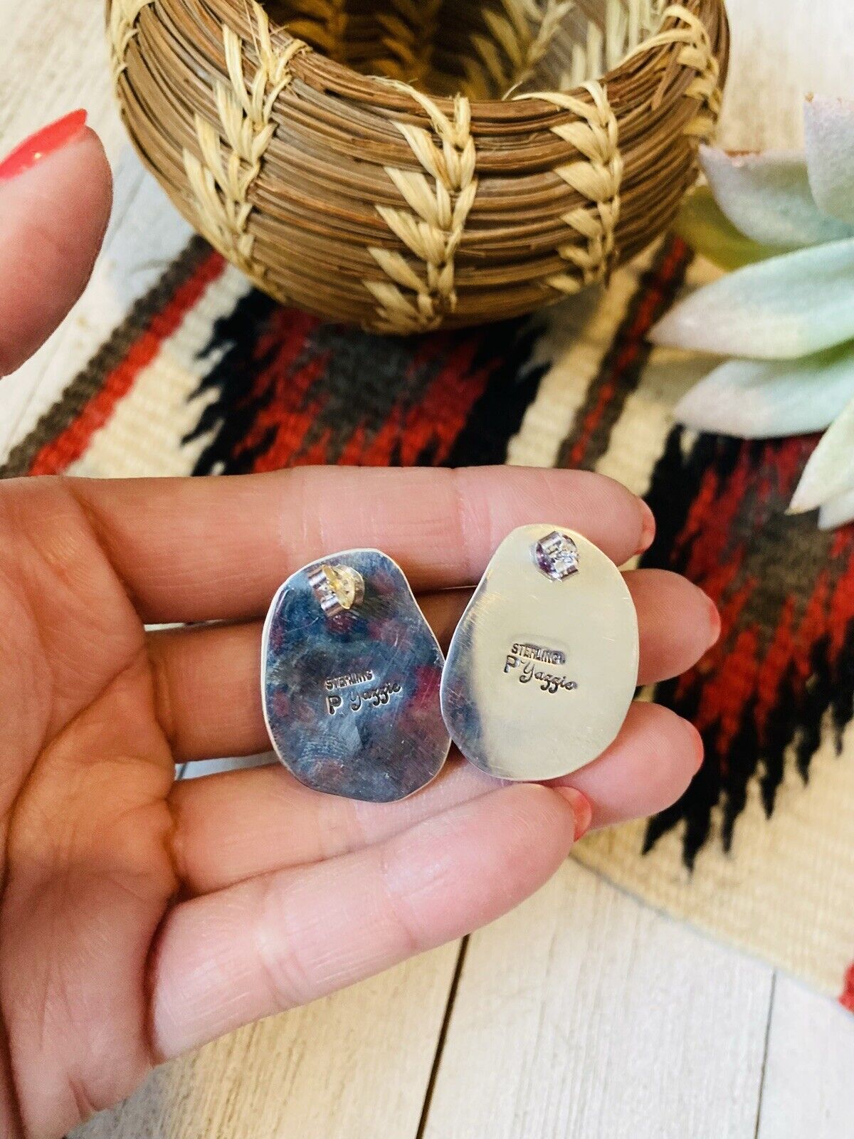 Navajo Royston Turquoise & Sterling Silver Post Earrings Signed