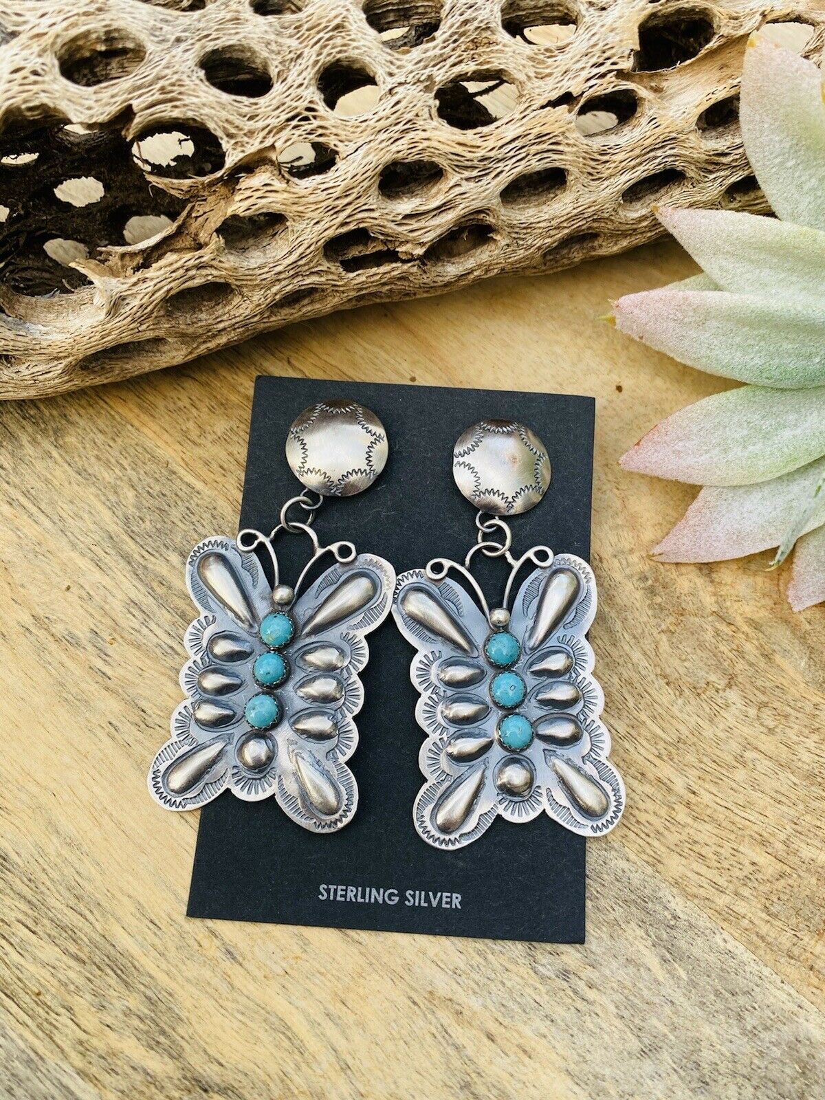 Navajo Turquoise & Sterling Silver Butterfly Dangle Earrings By Tim Yazzie