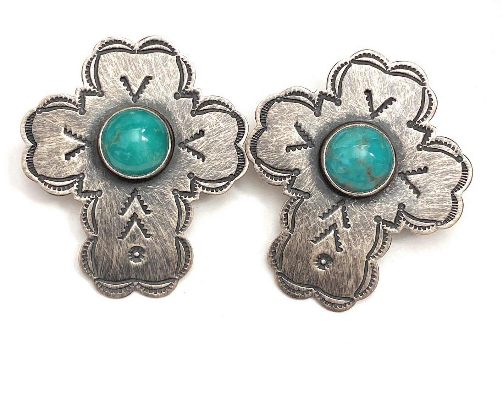 Navajo Turquoise & Sterling Silver Cross Post Earrings Signed