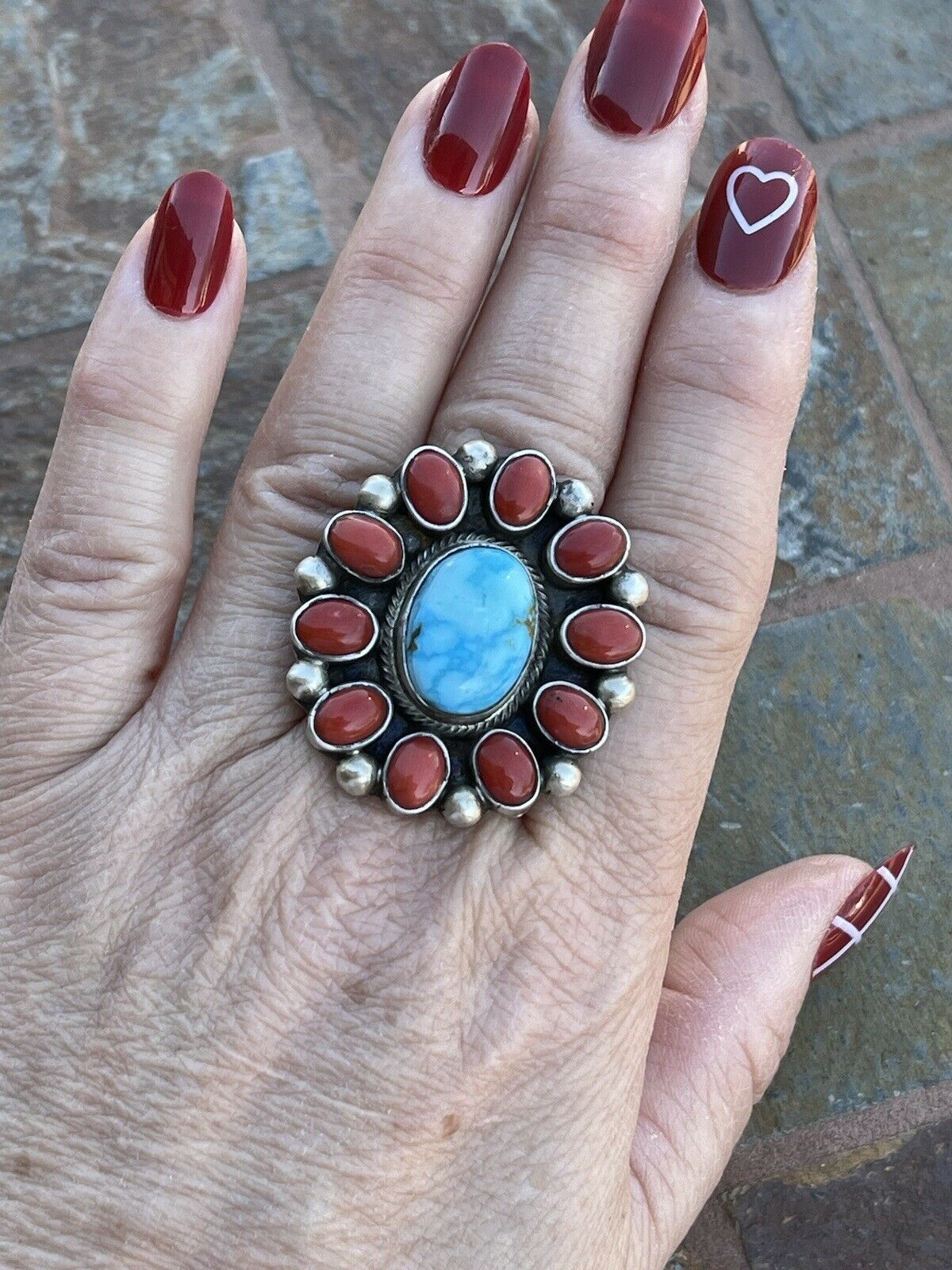 Navajo Sterling Silver Kingman Web Turquoise & Red Coral Taos Ring Sz 5.5