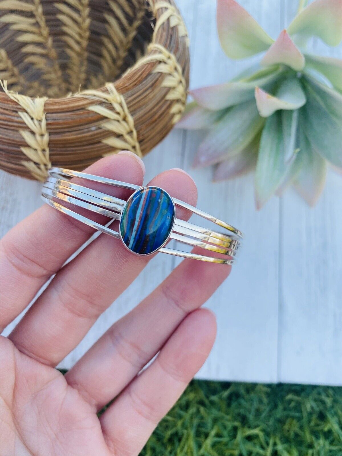 Unique Navajo Sterling Silver & Rainbow Cuff Bracelet