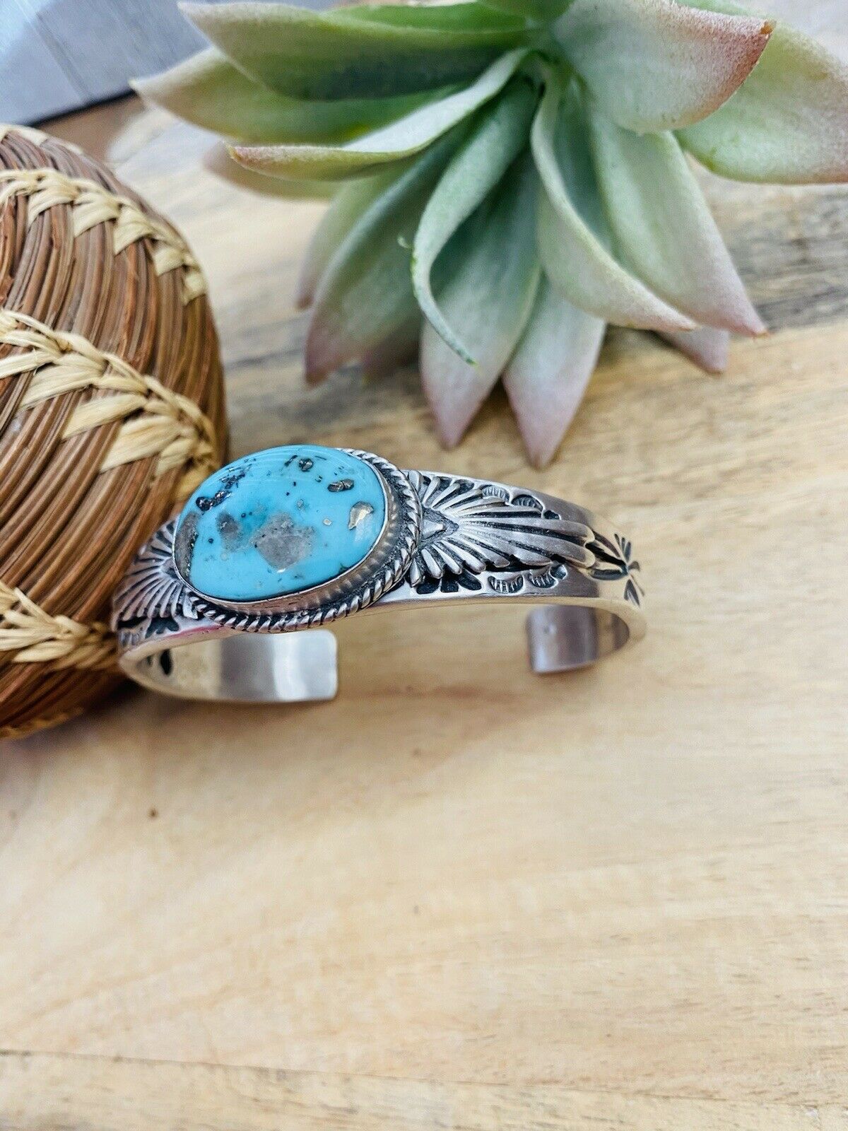 Navajo Sterling Silver & Royston Turquoise Cuff Bracelet Signed