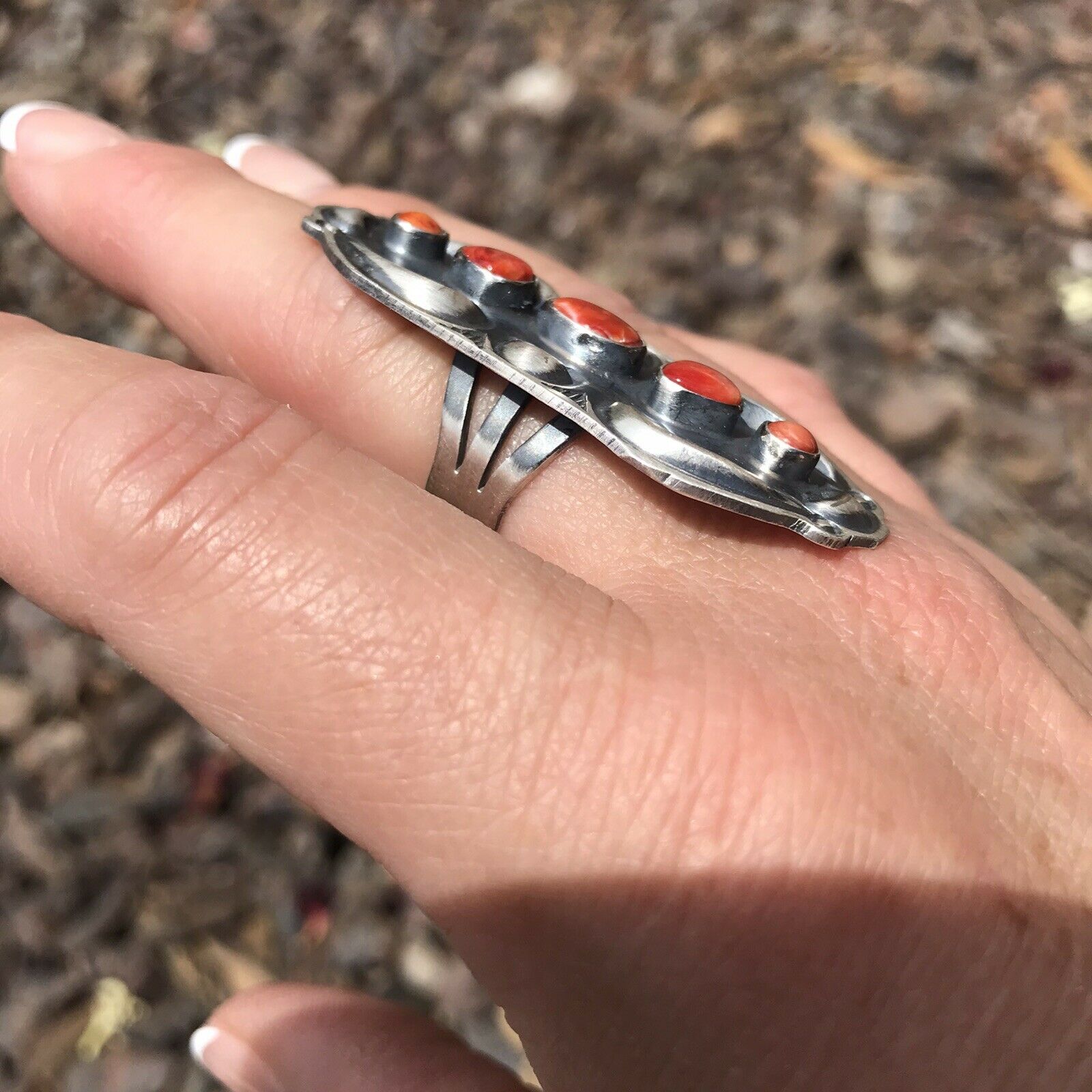 Navajo Sterling Silver Orange Spiny Oyster 5 Stone Ring